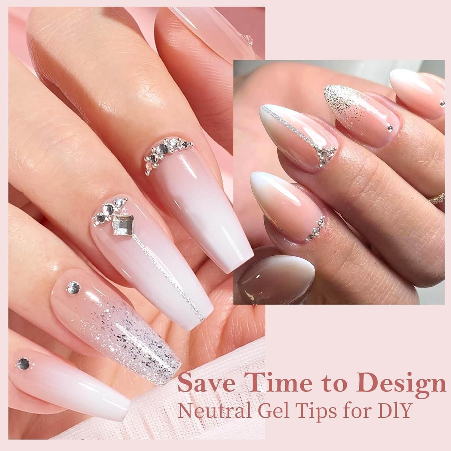Juego de Uñas Postizas - 240 Piezas Uñas Postizas Francesas Pegamento - Diseño Degradado Blanco Rosa Uñas Artificiales Cubierta Completa Gel Suave Natural y Cómodo de Usar (Almendra Rosa)