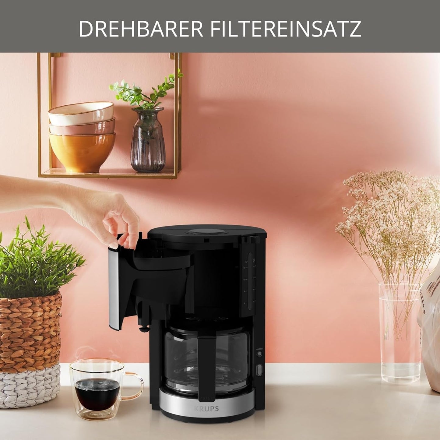 Krups KM3210 Pro Aroma Plus Cafetera espresso, 10 tazas, 1,25 L, Mantiene caliente 30 minutos, Ventana visible de nivel de agua, Sistema antigoteo, Negra con aplicaciones de acero inoxidable