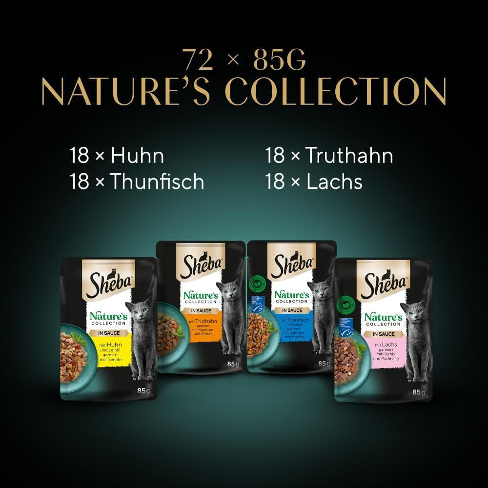 SHEBA Nature's Collection en salsa - Alimento húmedo para gatos de alta calidad, variedad fina (MSC) en sobres porcionados - 72 x 85 g