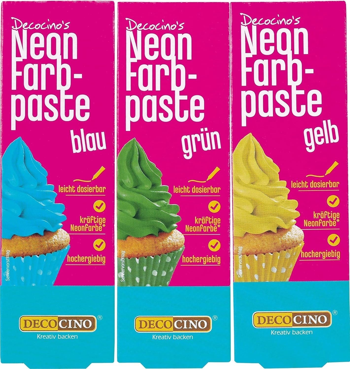 Decocino Juego de colorantes alimentarios de neón - 3 piezas - Rojo, rosa, morado - Colorante alimentario en dosis altas - Para colorear pasteles, muffins y cupcakes - Sin sabor