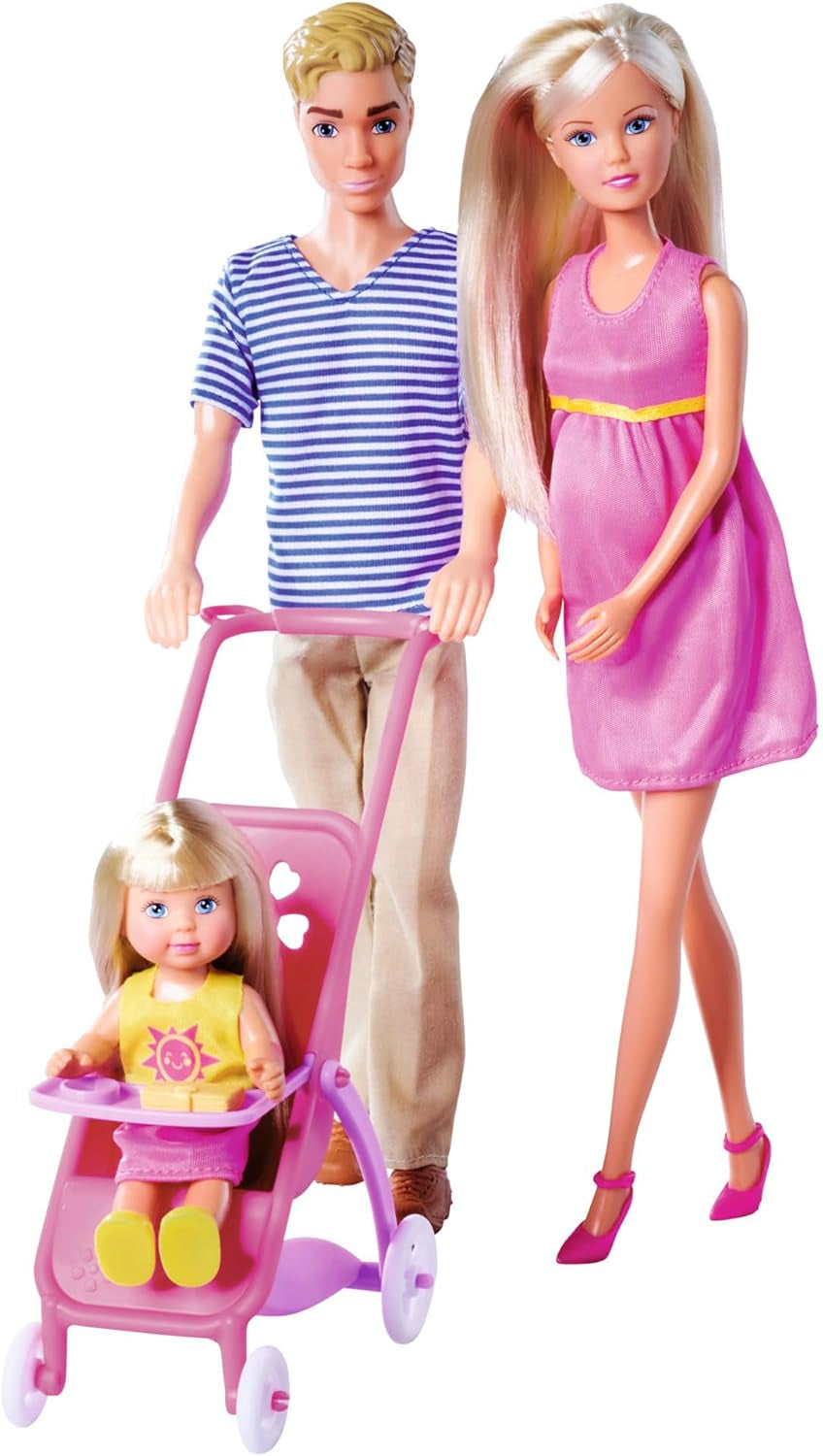 Simba 105733673 - Steffi Love Happy Family, Muñeca Embarazada, Kevin, Evi y Bebé con Cochecito, 11 Piezas, Accesorios, 30 cm, Edad 3+