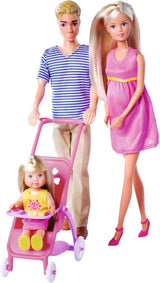 Simba 105733673 - Steffi Love Happy Family, Muñeca Embarazada, Kevin, Evi y Bebé con Cochecito, 11 Piezas, Accesorios, 30 cm, Edad 3+