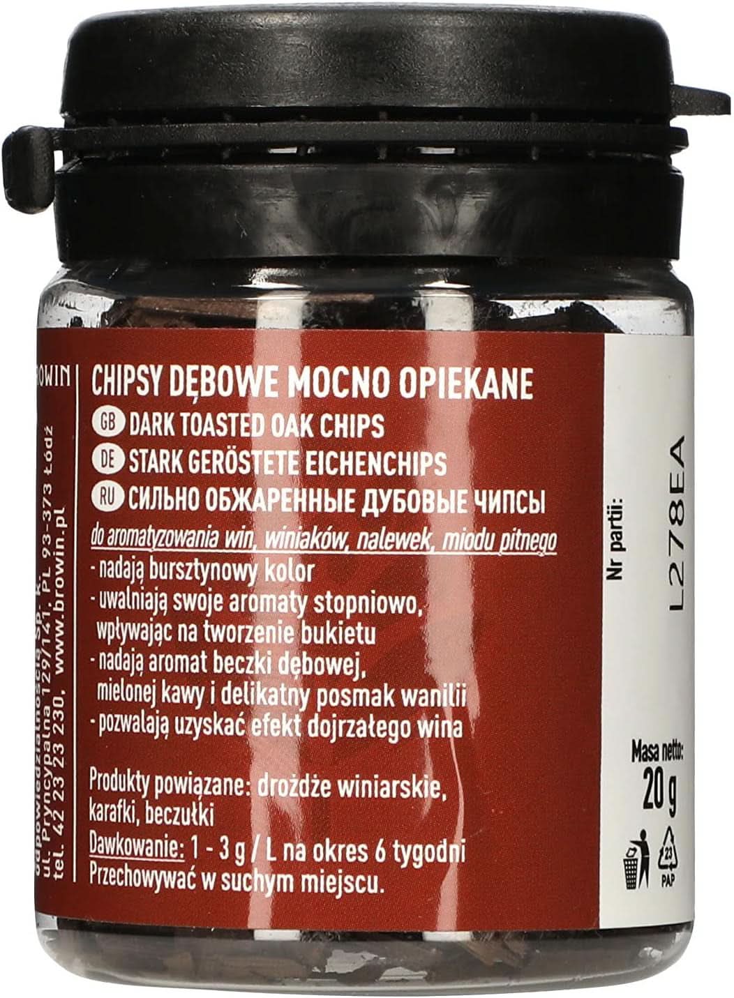 Browin Virutas de Roble Tostadas Fuertemente 20 g - Copos, Varillas Finas de Roble para Aromatizar el Alcohol, Sabores Brown Naty Shop 20 g Altamente Tostadas - Copos