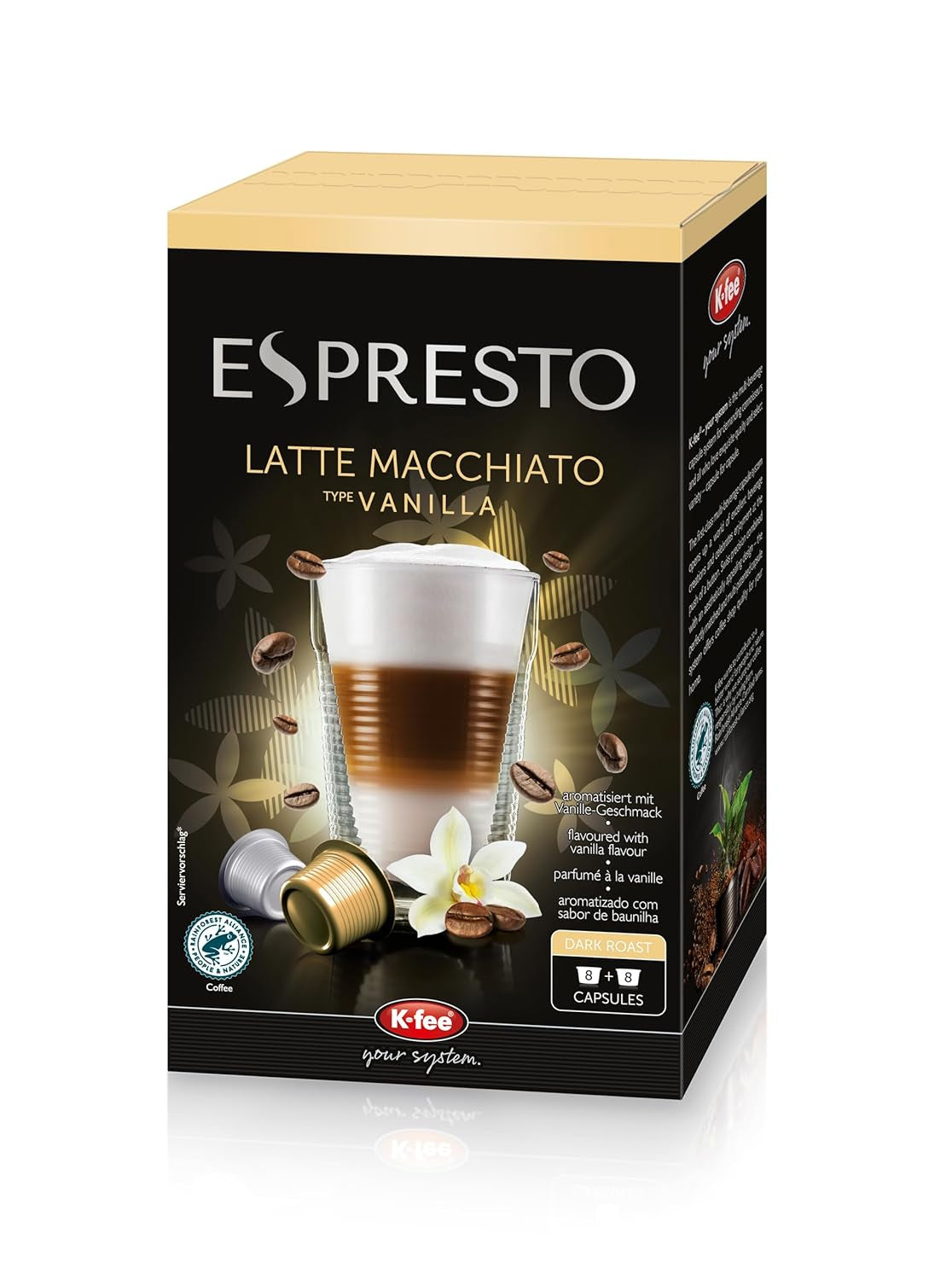 ESPRESTO Latte Macchiato Tipo Vainilla, compatible con K-fee y ALDI EXPRESSI*, certificado RFA, dulce y armonioso, 48 cápsulas de café y 48 cápsulas de leche