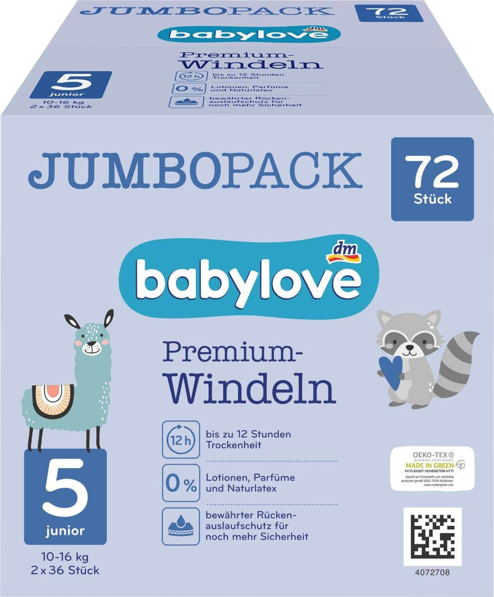 Pañales Premium Active Plus, talla 5, Junior 12-25 kg, paquete Jumbo, 2 x 36 piezas, 72 piezas