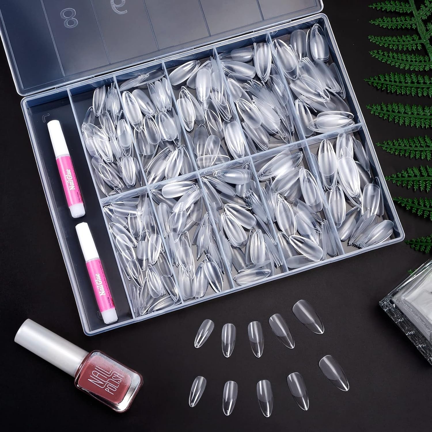Becellen 500 puntas de uñas artificiales, puntas de uñas de gel suave, cobertura completa, puntas de uñas de gel, uñas artificiales prepulidas, juego de pegamento para decoración de uñas (almendras)