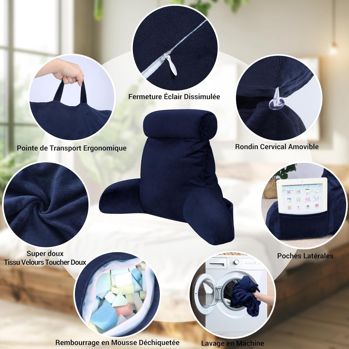 Almohada de lectura ergonómica INFANZIA con reposabrazos y respaldo, azul marino