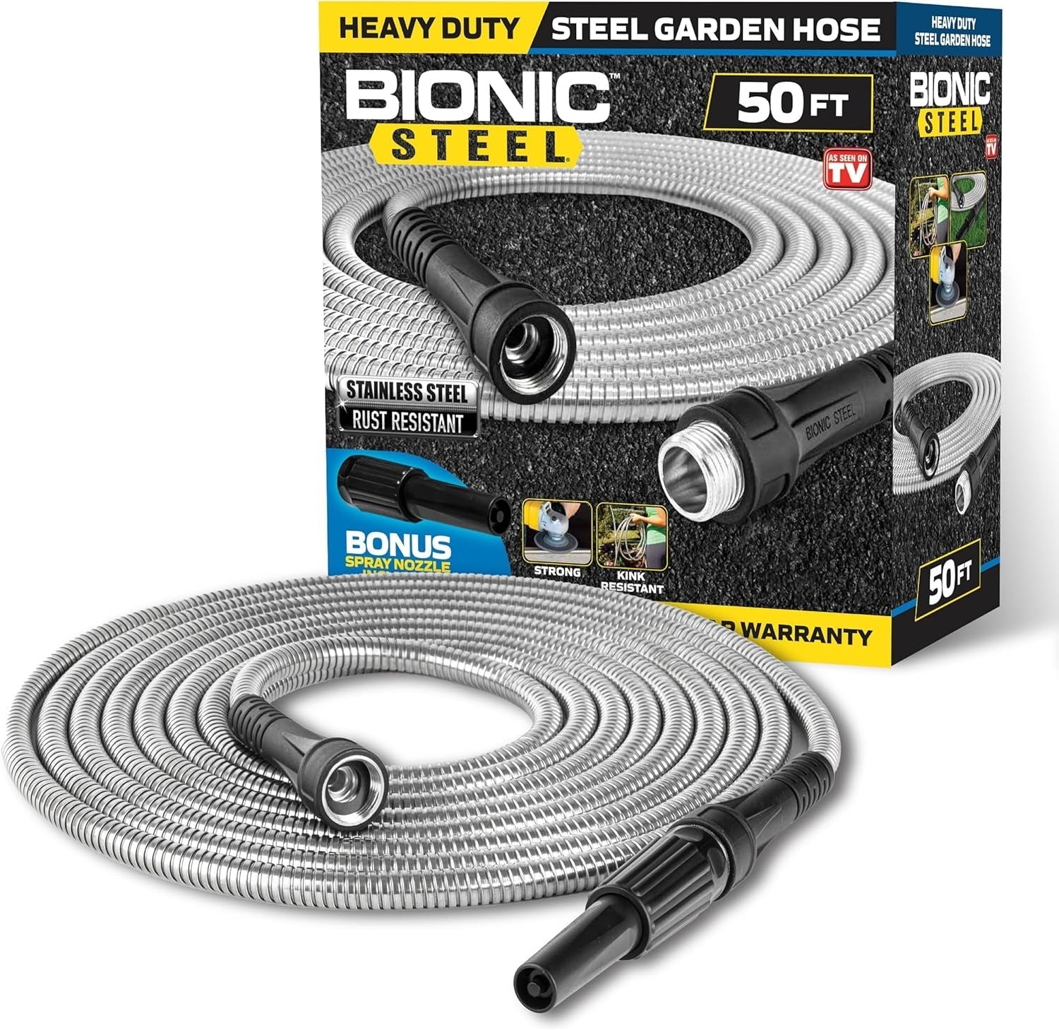 Manguera de jardín de 30 m, manguera de agua de metal de acero inoxidable 304, manguera flexible de 30 m, antitipo, ultraligera y duradera, resistente al desgarro, fácil de enrollar, 500 PSI