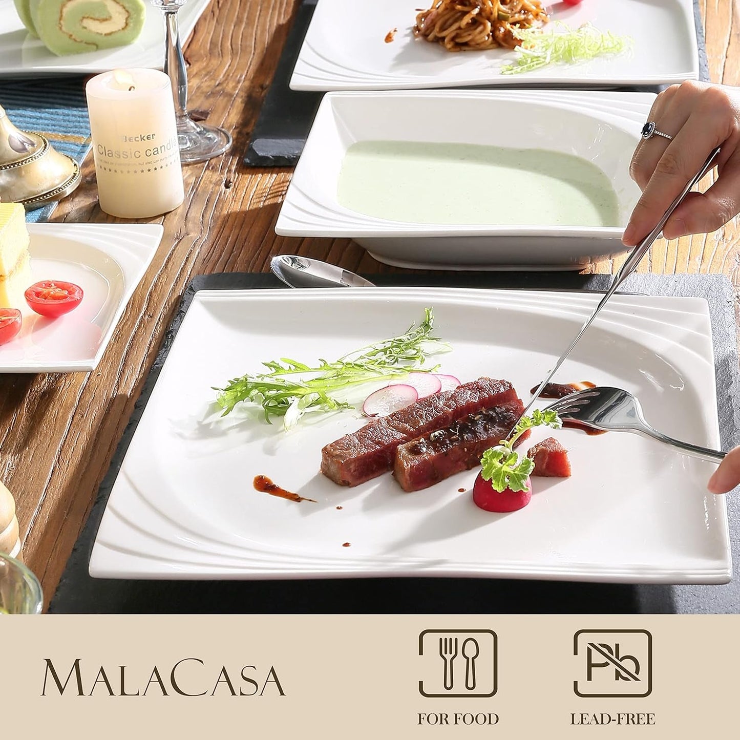 MALACASA, Serie Monica, Vajilla para 12 personas, Porcelana blanco-crema, Servicio combinado con 12 tazas de café, 12 platillos, 12 platos de postre, 12 platos llanos y 12 platos llanos