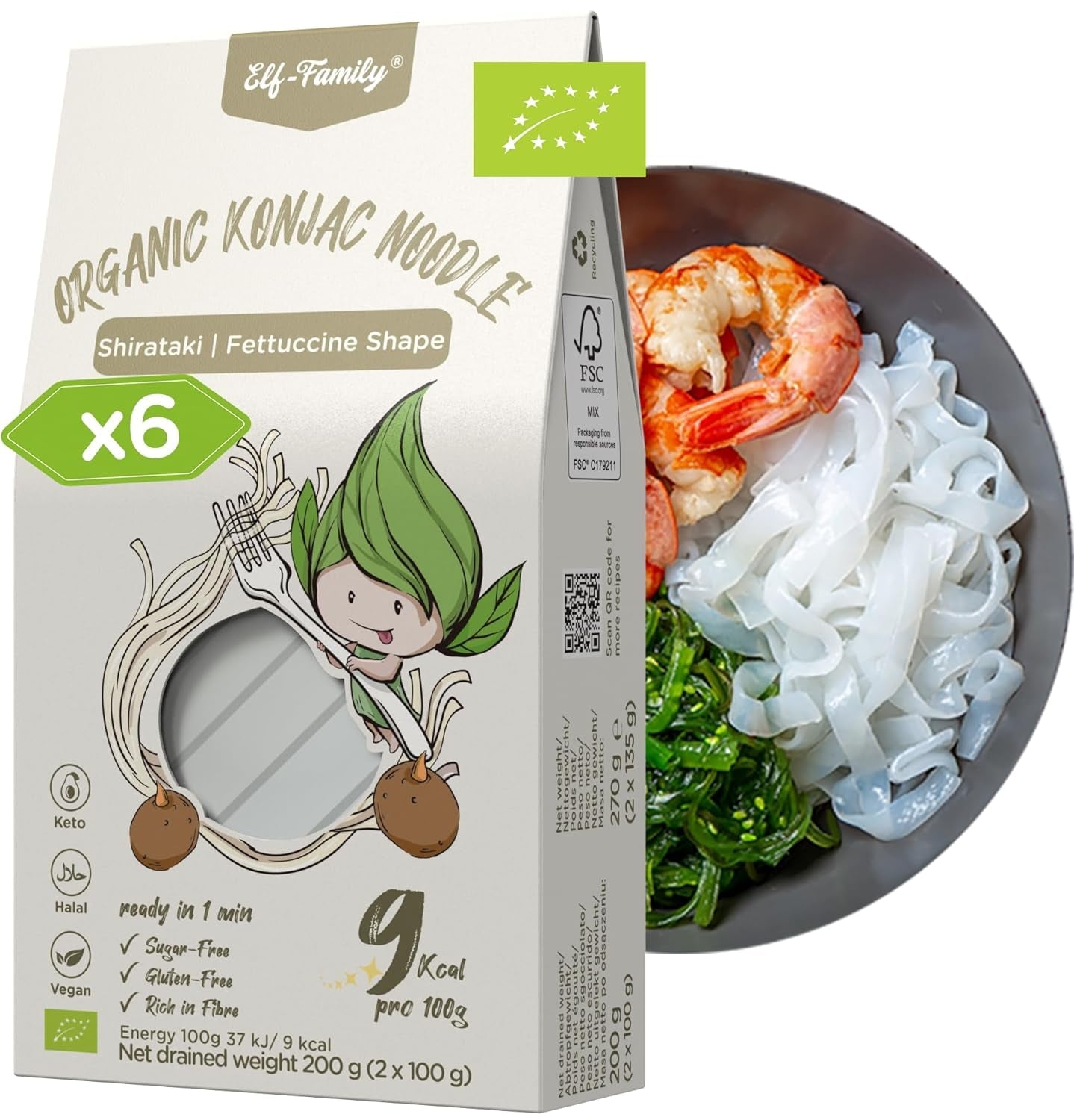 Elf-Family Caja de 270 g x 6 unidades (paquete de 12) Bio Konjak Nudeln Ultra Low Carb Shirataki Nudeln Vegan Glutenfrei-Instant Nudeln ohne kohlenhidrato/Keto/Kalorienarme/Fettfrei/Zuckerfrei -Spaghetti MHD: 11/12/2026