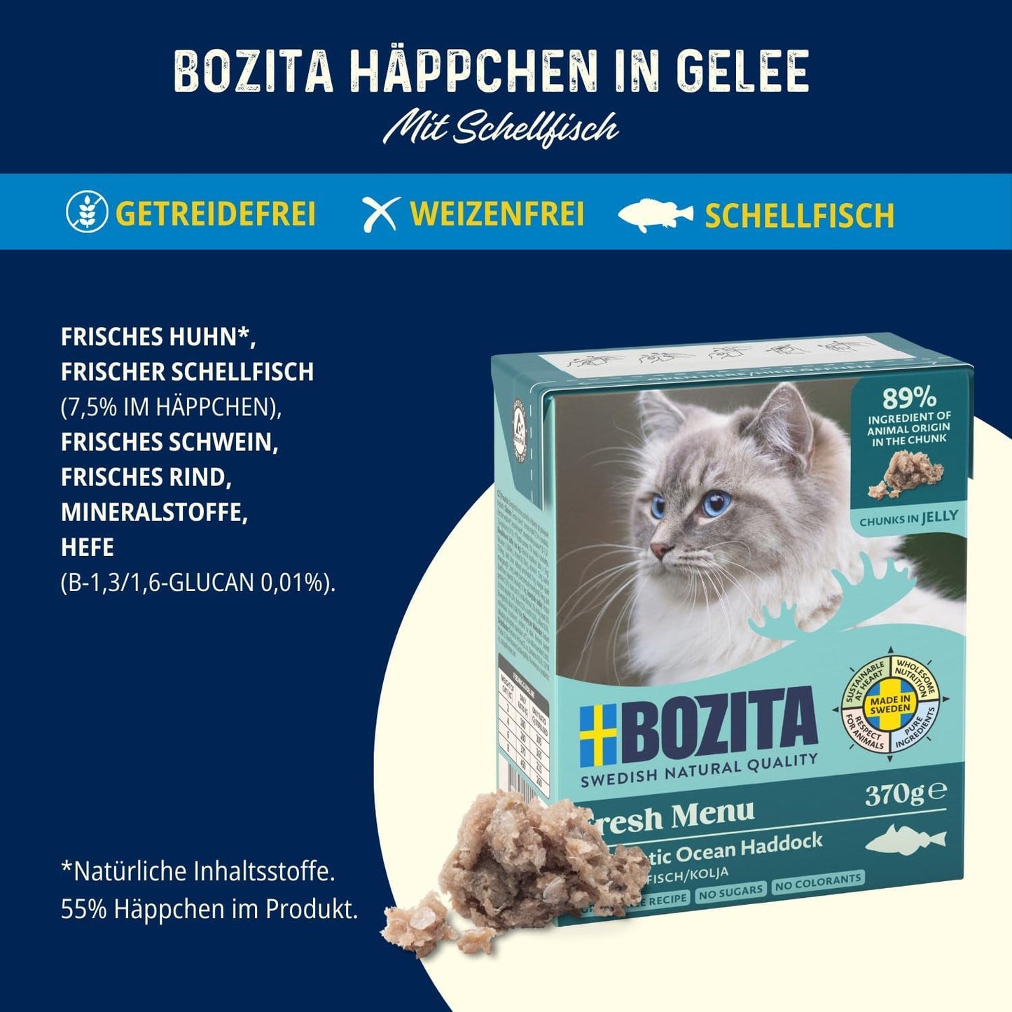 Bozita Tetra comida húmeda con eglefino en gelatina - 6 x 370 g comida para gatos sin cereales, sin azúcares añadidos y sin OGM - equilibrada, deliciosa, con un 7,5% de proteínas y un 5% de grasas