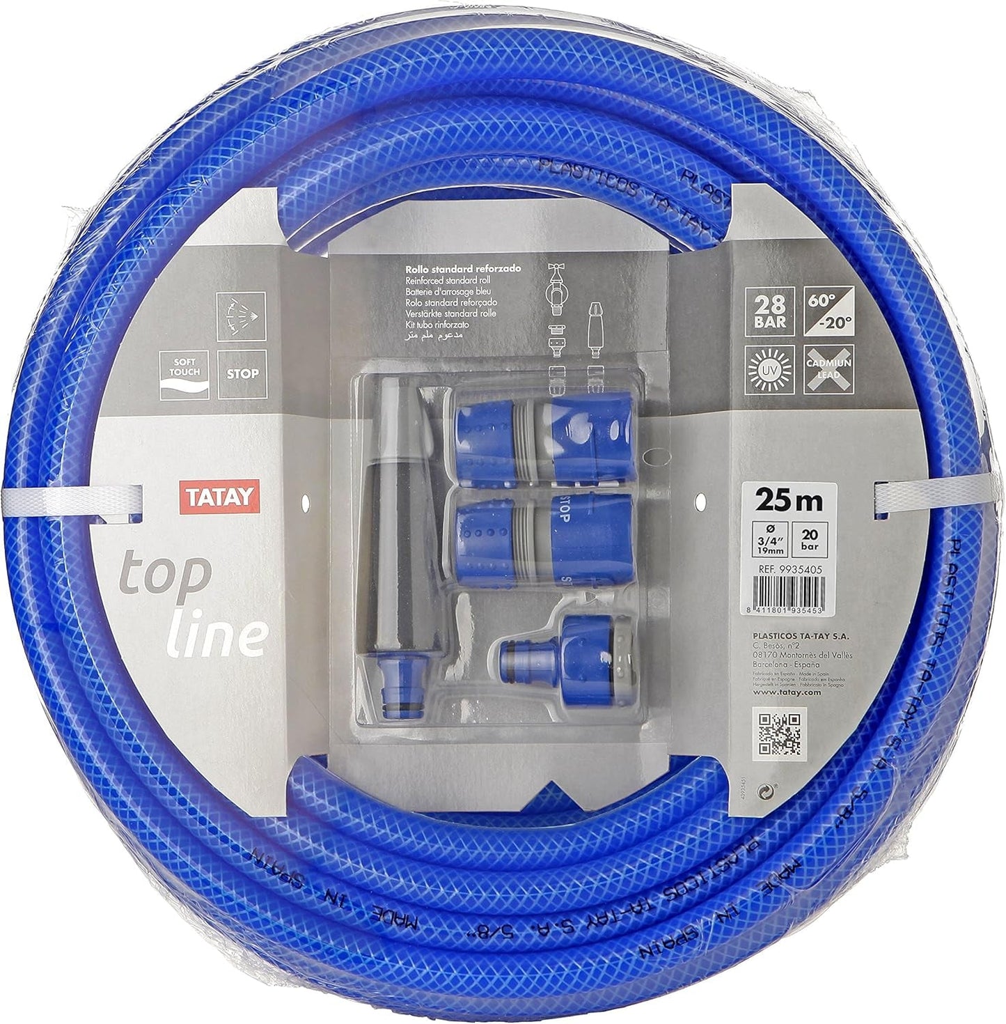 Juego de manguera de jardín TATAY Blue Line 25 metros Ø3/4" 19mm, 3 capas, fabricada en España, resistencia 20 bar y +60°/-20°, trenzada, sin cadmio ni plomo, libre de BPA, anti-UV. Color azul.