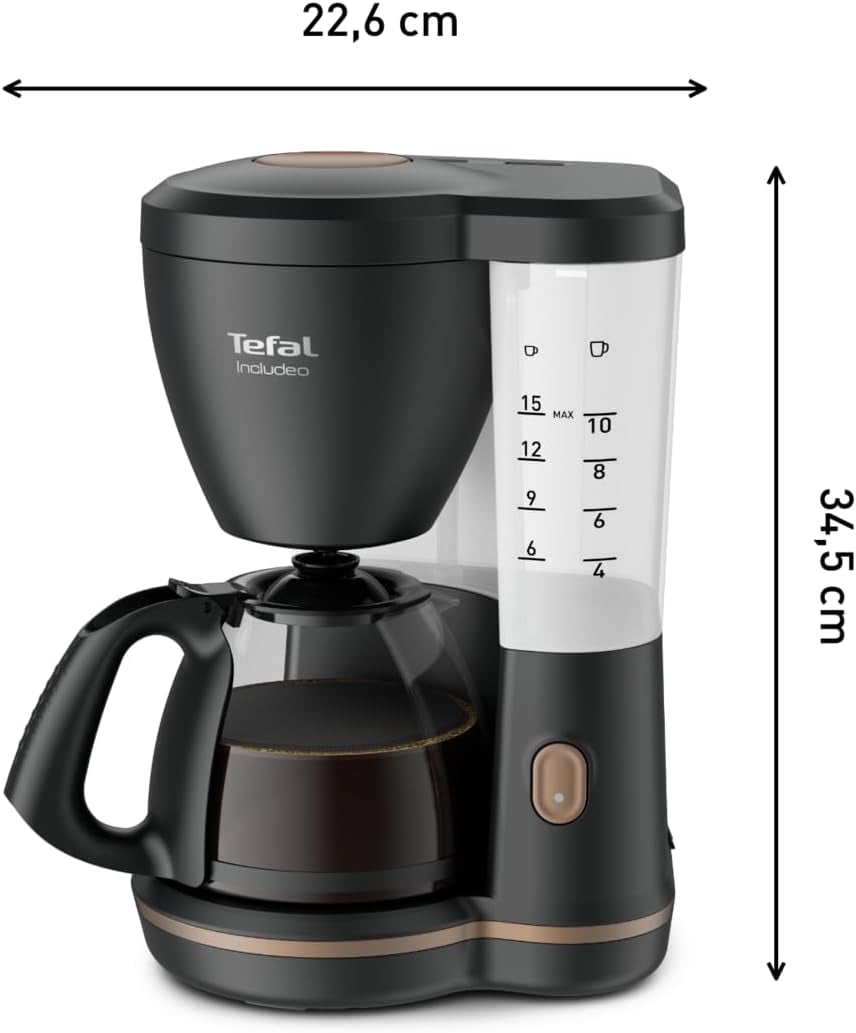 Tefal Cafetera espresso con filtro Includeo, Cafetera espresso extremadamente fácil de usar, Apta para diestros y zurdos, Apertura automática de la tapa, 1,25 L, 10 a 15 tazas, CM533811