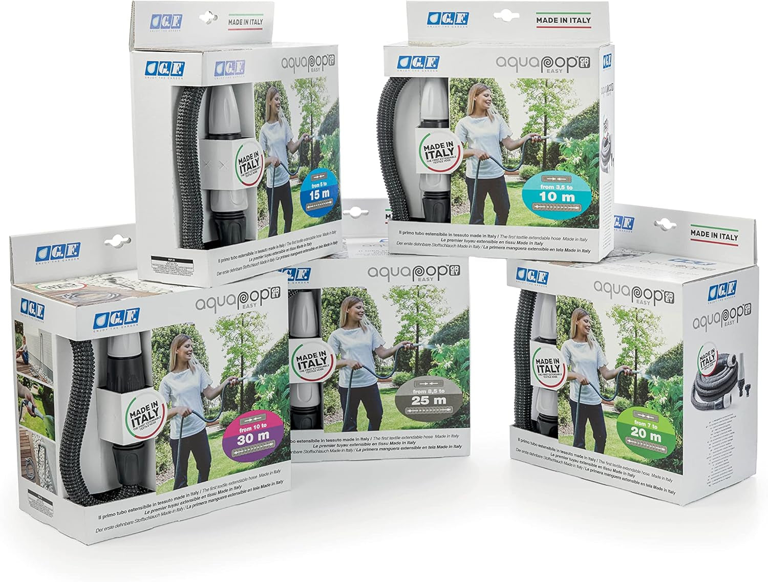GF SRL, Aquapop Grey Easy 10, manguera trenzada autoextensible de 10 metros, fabricada en Italia, con mini pulverizador de jardín y conectores para riego de jardín, gris oscuro