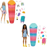 ¡Muñeca Barbie HDF74 en paquete doble! Muñeca Brooklyn Camping (Morena con coletas trenzadas, aprox. 29 cm) con cachorro, mochila, saco de dormir, 10 accesorios de camping, regalo para niños a partir de 3 años