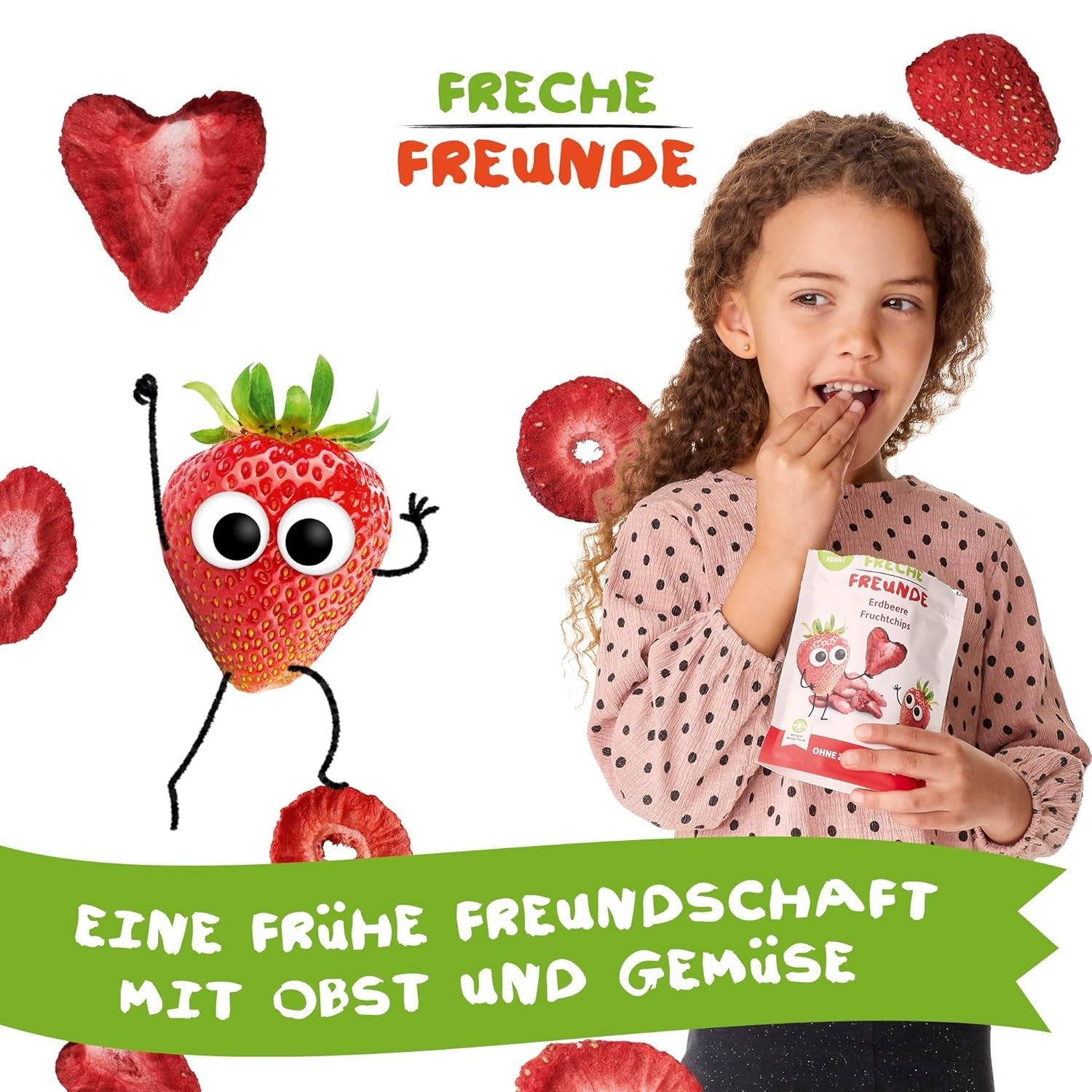 FRECHE FREUNDE Chips de frutas de fresa orgánicos, chips de frutas liofilizadas, frutas secas en rodajas naturales sin azúcar añadido, vegano, sin lactosa, sin gluten, paquete de 12 (12 x 12 g)