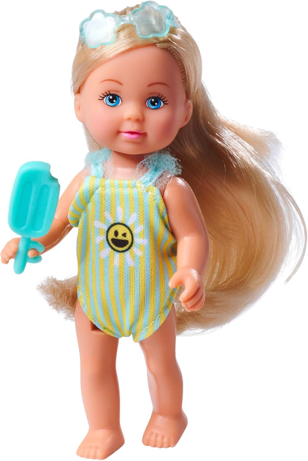 Simba Evi Love Travel, 2 modelos surtidos, Solo se entregará UN artículo, Muñeca en una maleta con ruedas, Lleva un traje de baño con volantes, Incluye gafas de sol y helado, 12 cm, Edades 3+