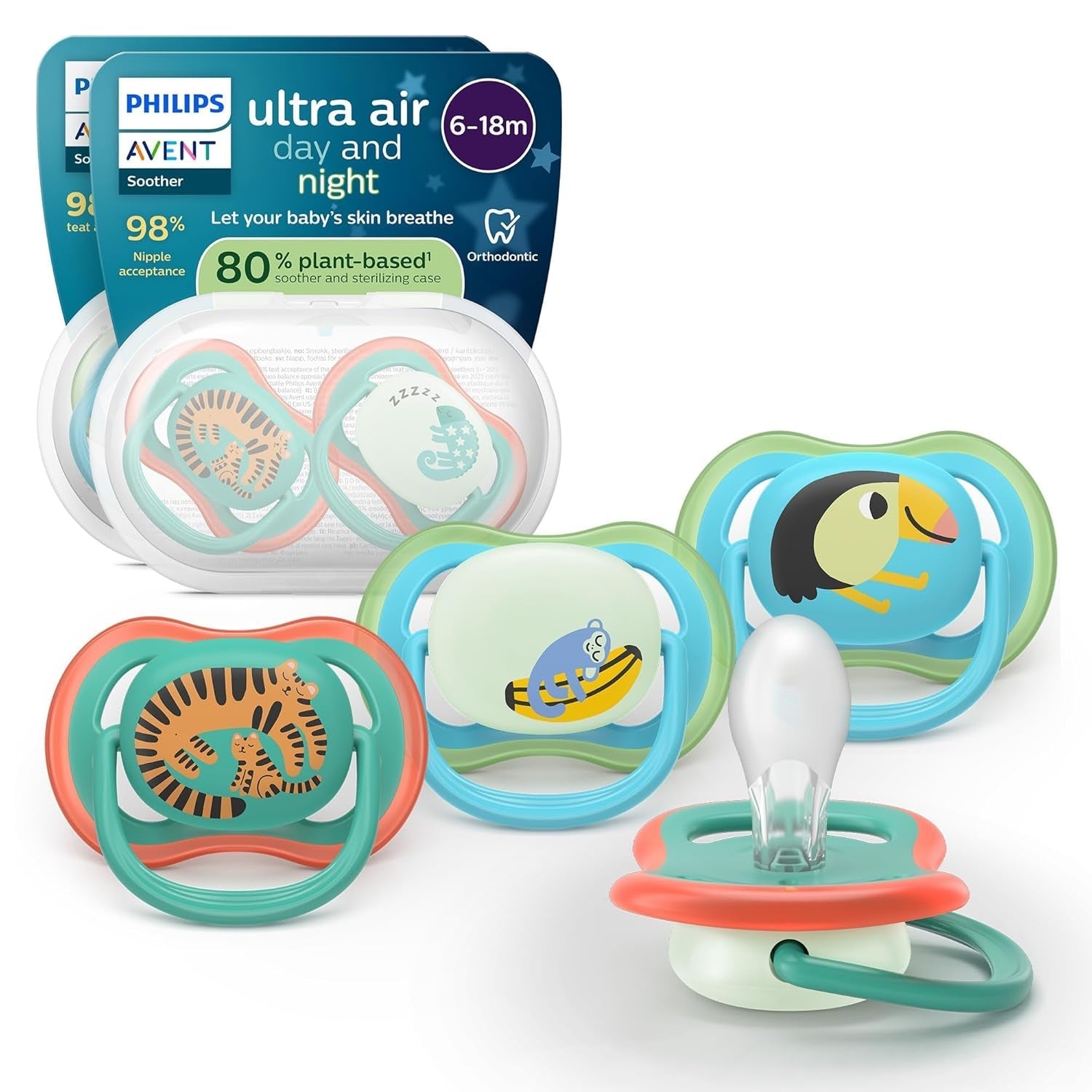 Chupetes Philips AVENT ultra air - pack de 4 chupetes transpirables sin BPA para bebés de 6 a 18 meses, incluido estuche de transporte y esterilización, patrón tortuga/ballena (modelo SCF085/66)