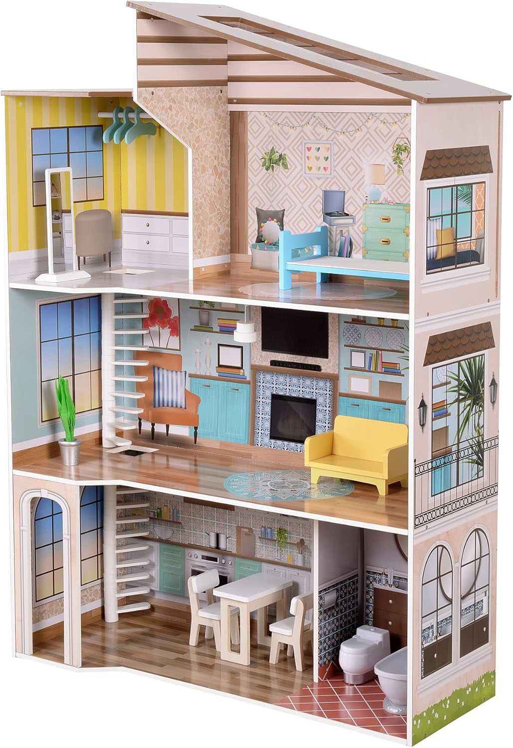 Olivia's Little World Casa de muñecas interactiva de madera de 3 pisos de estilo mediterráneo contemporáneo para niños con 17 accesorios para muebles de muñecas Multicolor TD-13551B
