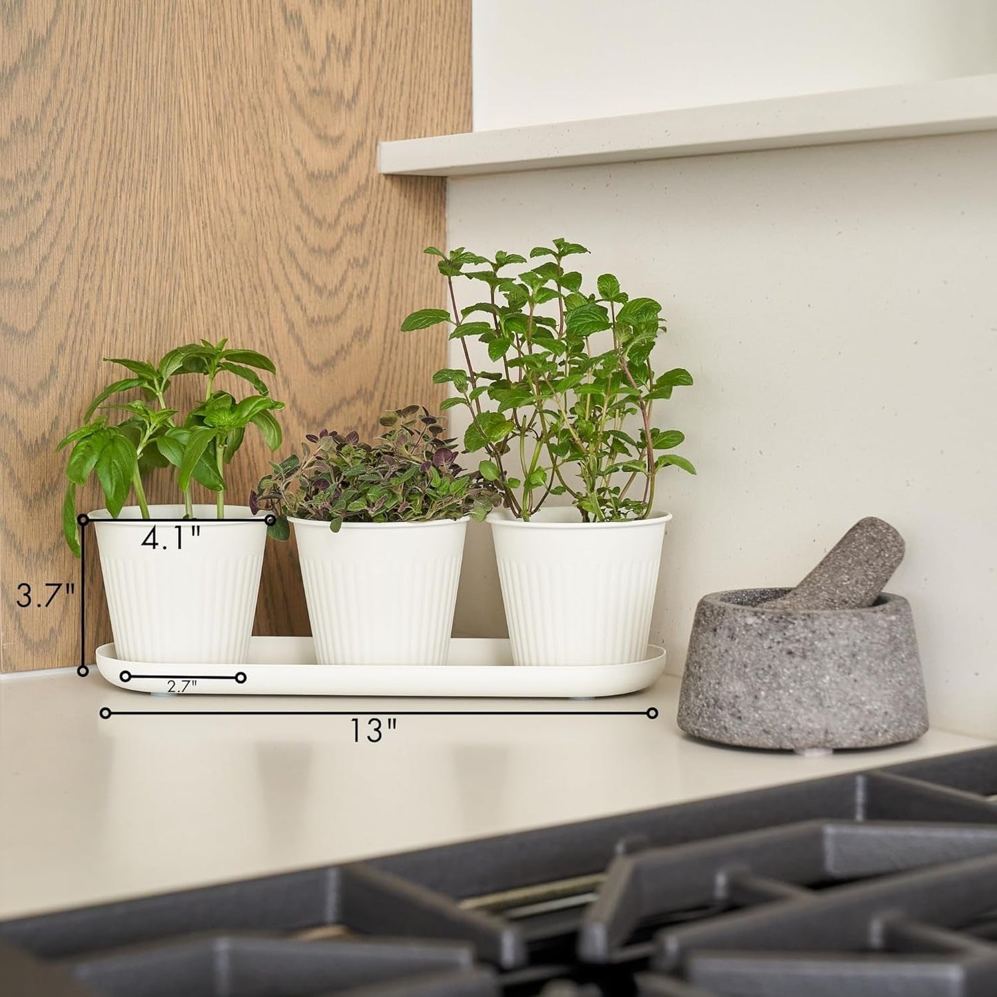 Juego de 3 hermosas macetas de jardín con hierbas, perfectas para cualquier alféizar de ventana o mostrador de la cocina, un moderno juego de jardineras decorativas que incluye bandeja y...