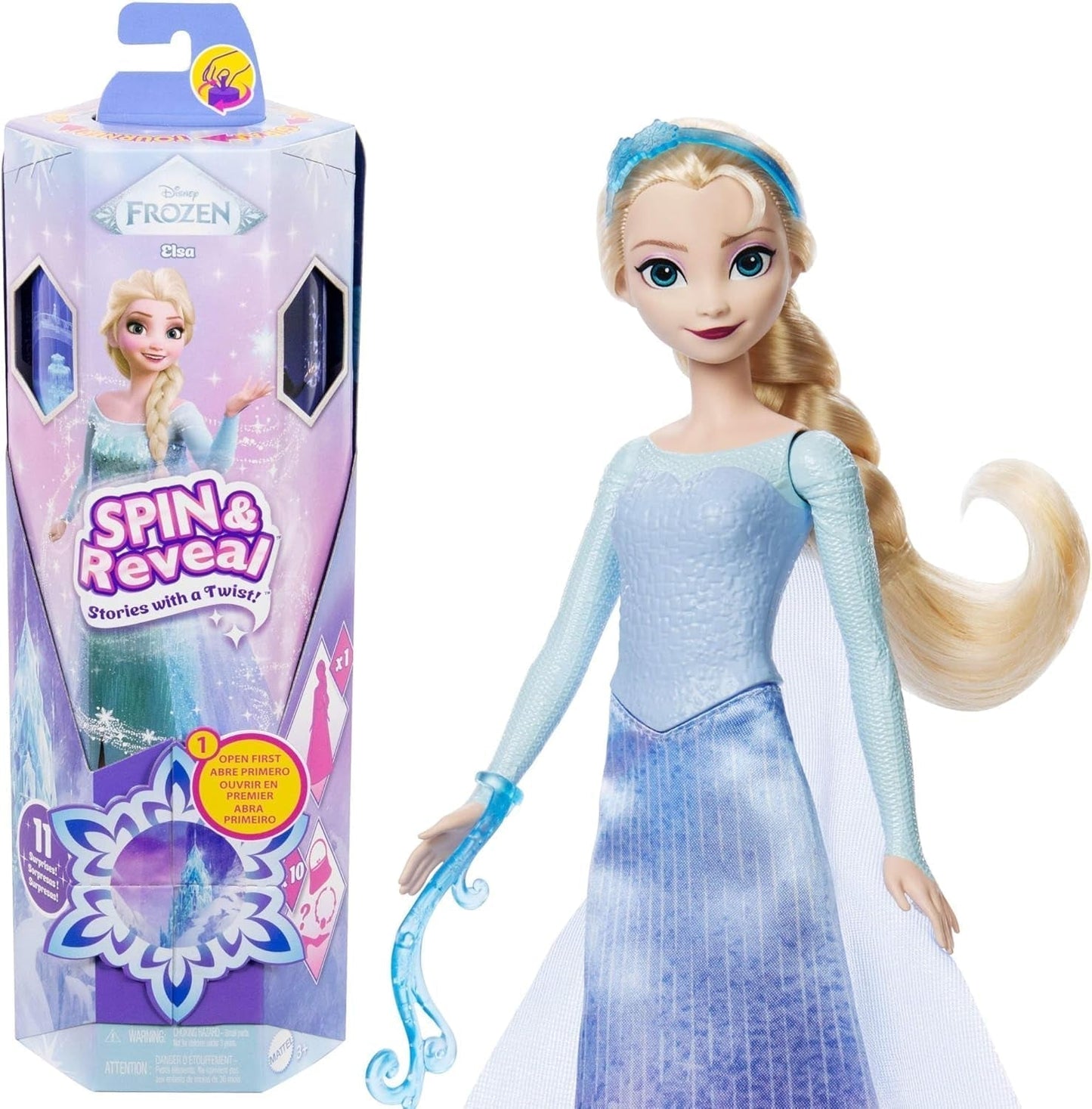 Mattel Disney The Ice Queen Elsa Fashion Doll Set, Spin & Reveal con 11 sorpresas, incluyendo 5 accesorios, 5 pegatinas y una escena de juego, inspirado en la película de Disney, HTG25 Dolls Naty Shop Elsa Fashion Doll Set