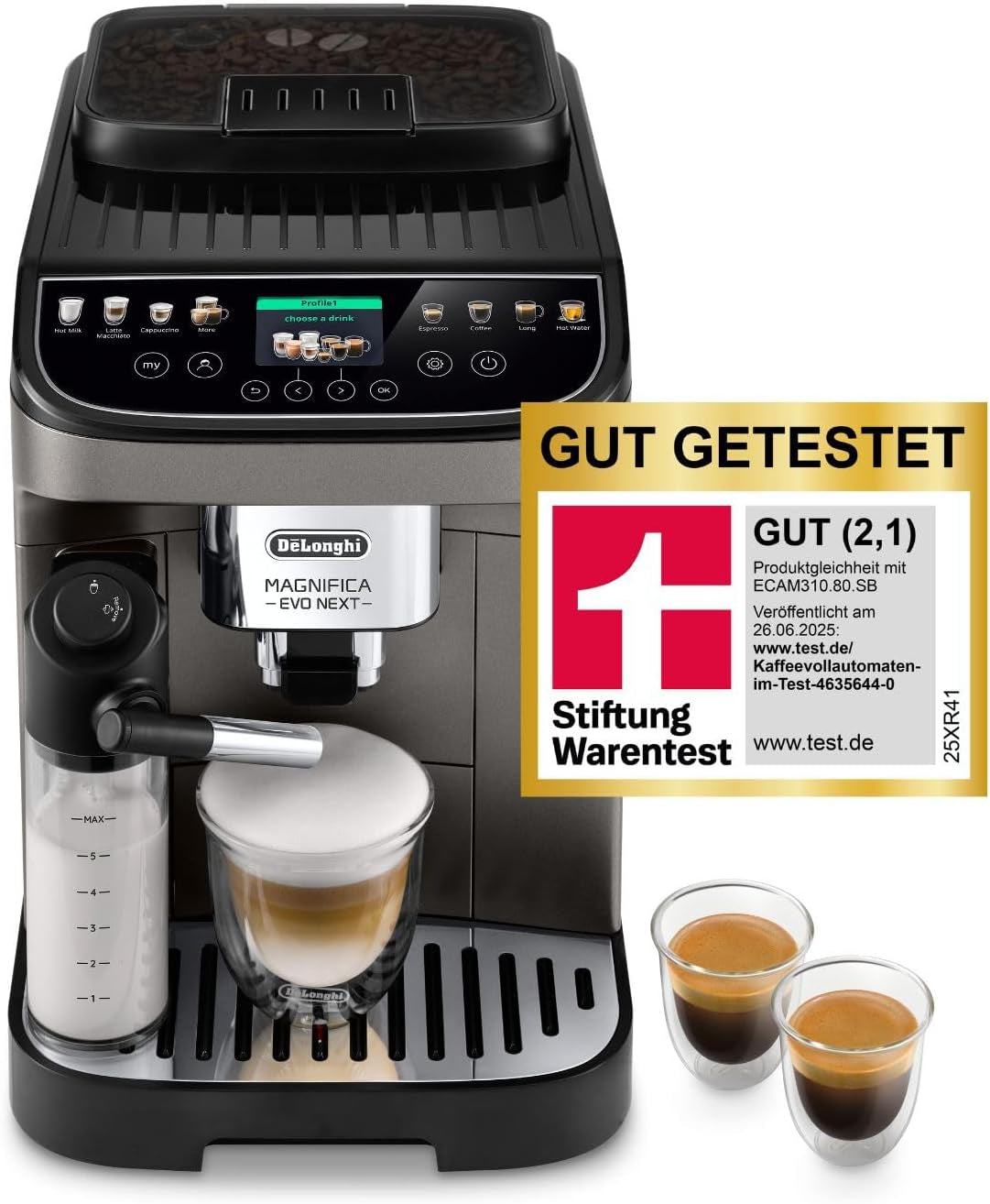 De'Longhi Magnifica Evo Next - Cafetera totalmente automática Perfetto con espumador de leche LatteCrema, 13 bebidas con un solo toque, cafetera y capuchino, pantalla táctil a color, titanio (ECAM312.80.TB)
