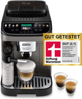 De'Longhi Magnifica Evo Next - Cafetera totalmente automática Perfetto con espumador de leche LatteCrema, 13 bebidas con un solo toque, cafetera y capuchino, pantalla táctil a color, titanio (ECAM312.80.TB)