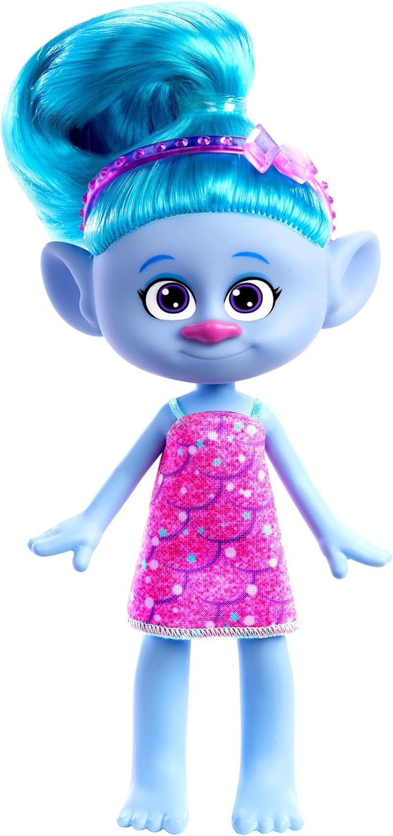 Mattel DREAMWORKS TROLLS United We Stand - Muñeca Hairy Surprises de chenilla con cabello azul brillante, diadema morada, a partir de 3 años, HNF15