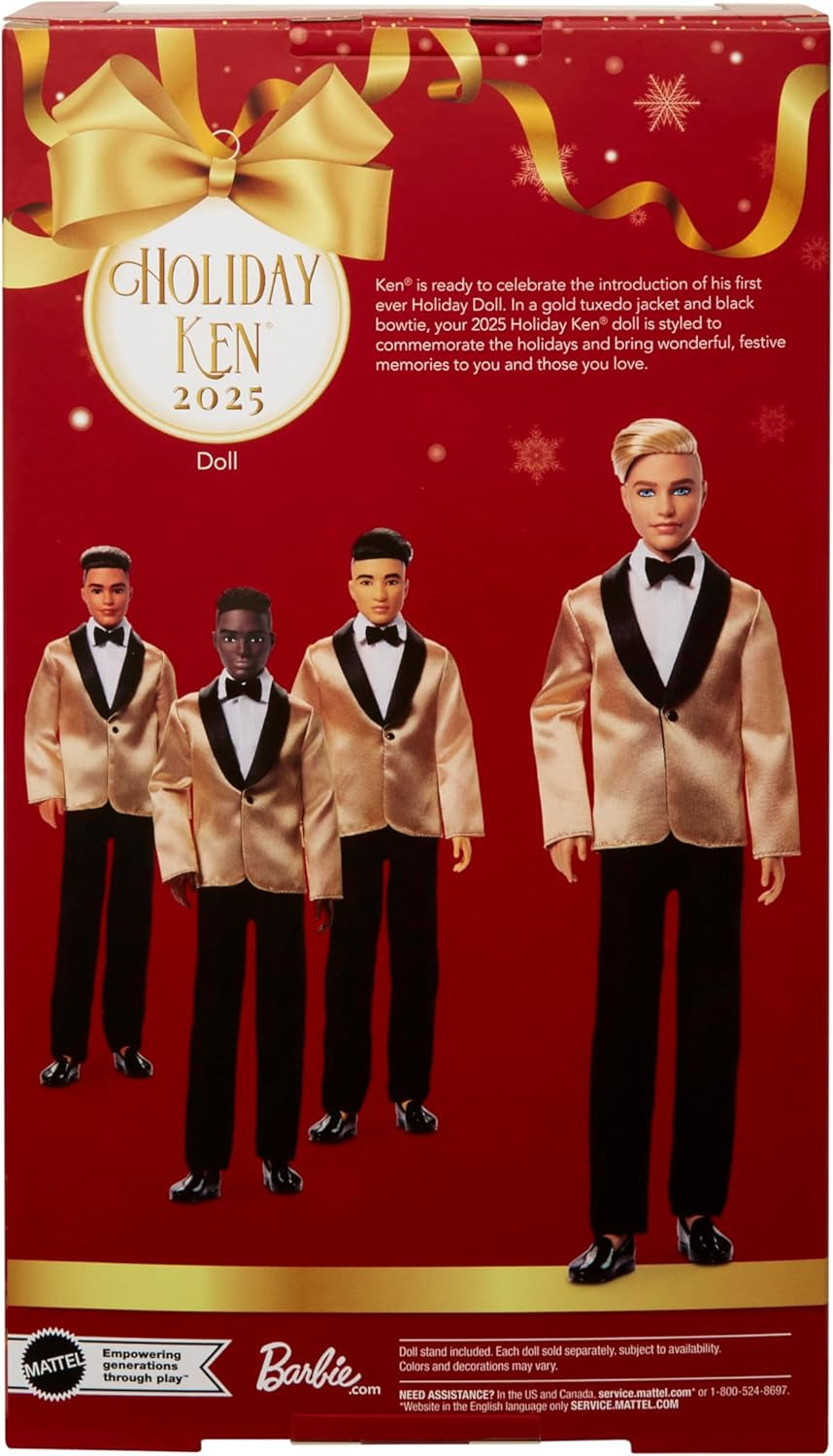 Barbie Signature 2025 Holiday Blonder Ken Modepuppe zum Sammeln in complete Anzug mit Goldener Jacke in Einer Verpackung zum Ausstellen und mit Puppenständer, JGK55