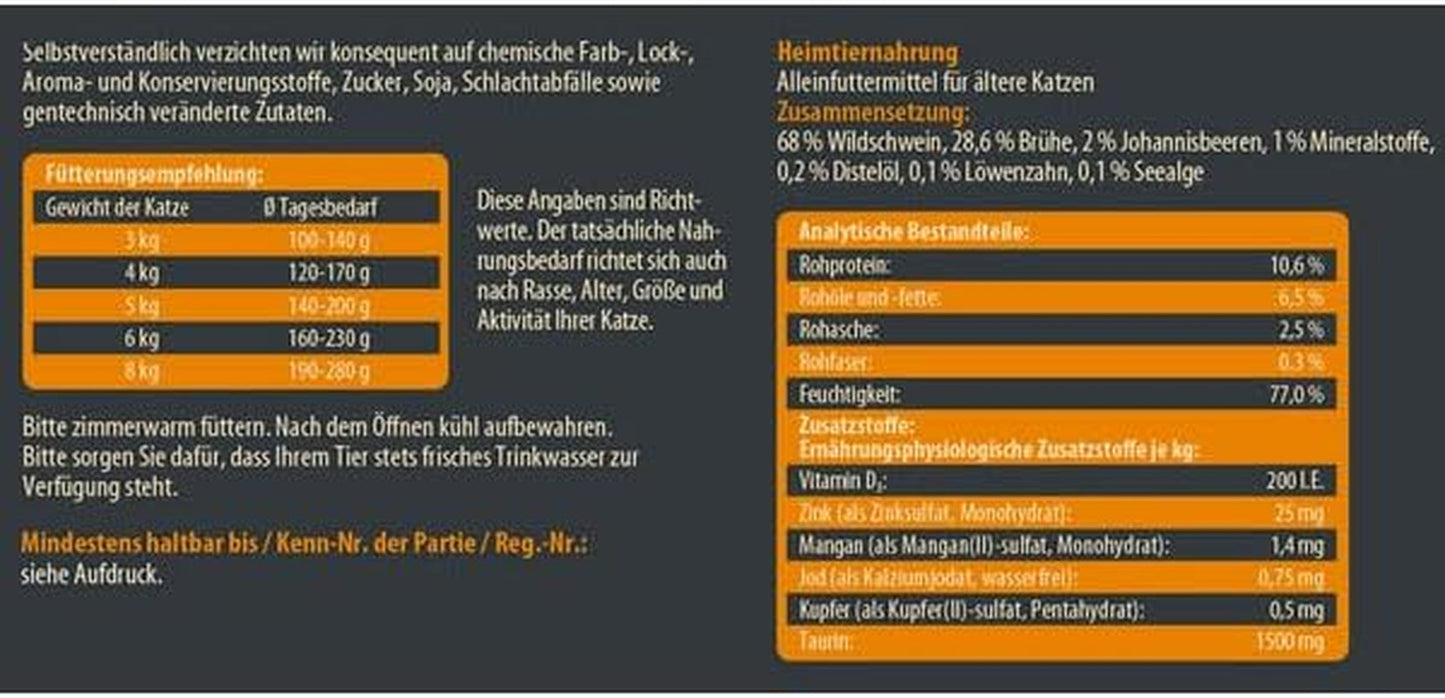 Dehner Wild Nature Katzenfutter Unterholz, Nassfutter getreidefrei / zuckerfrei, für ältere Katzen, Wildschwein, dosis de 6 x 400 g, (2,4 kg)