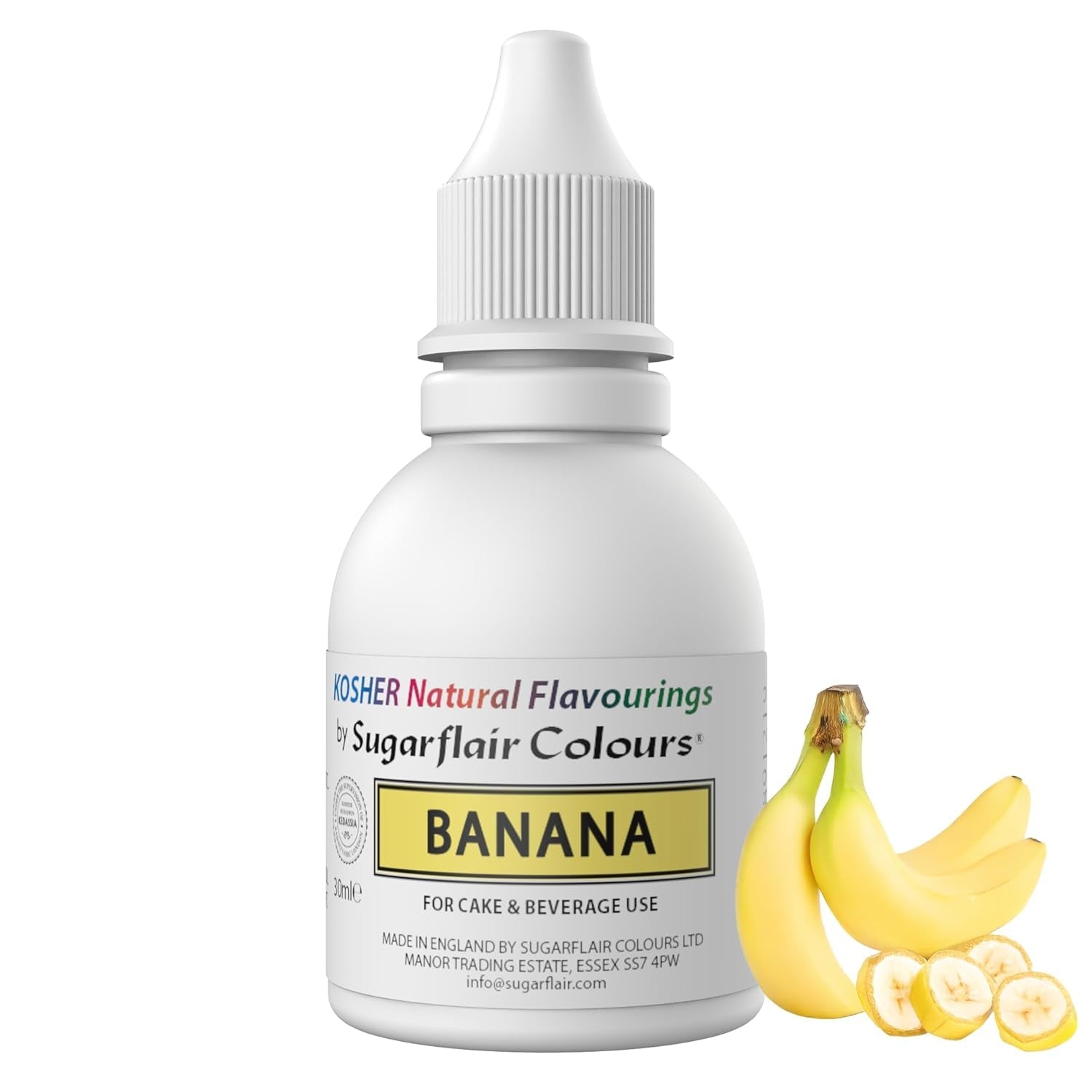 Sugarflair Kosher Banana Natural Food Flavor Gotas de sabor intenso para pasteles, muffins, glaseados, bebidas, helados - Sabor 100% natural - 30 ml