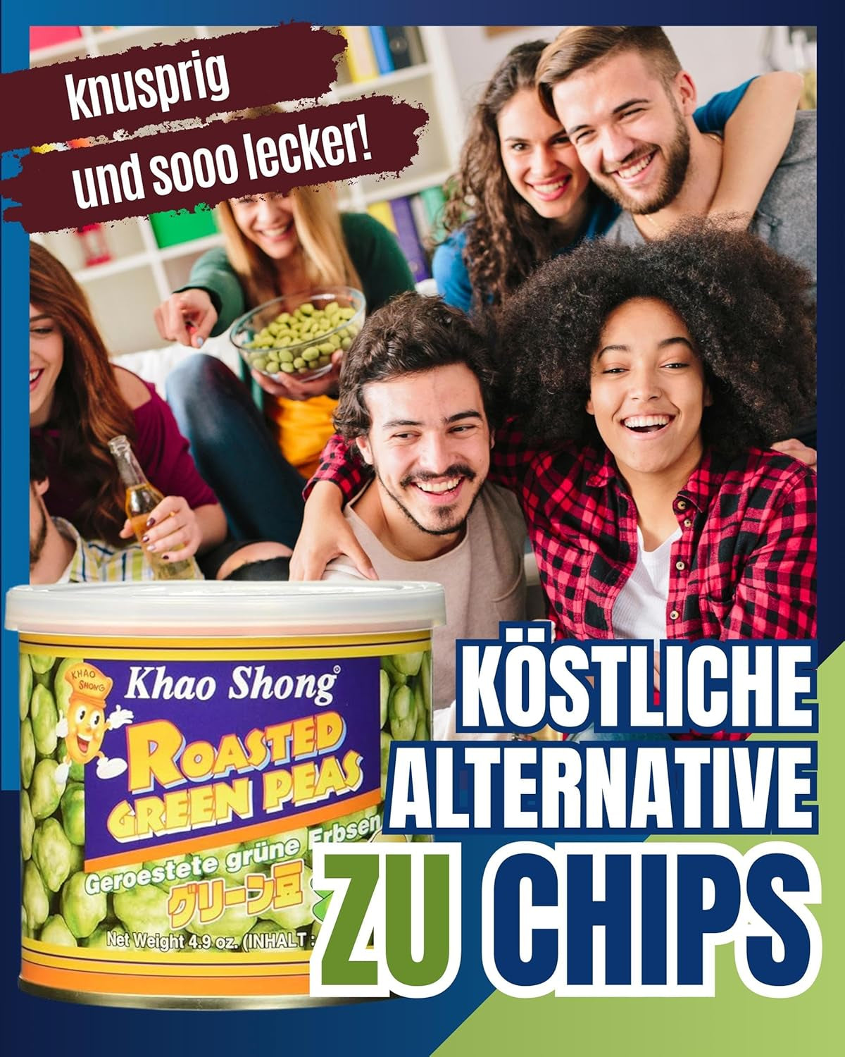 Khao Shong Guisantes verdes fritos con wasabi, guisantes crujientes rebozados picantes, una alternativa baja en grasa a las nueces, picante medio, 1 lata de 140 g | 140 gramos (1 paquete)