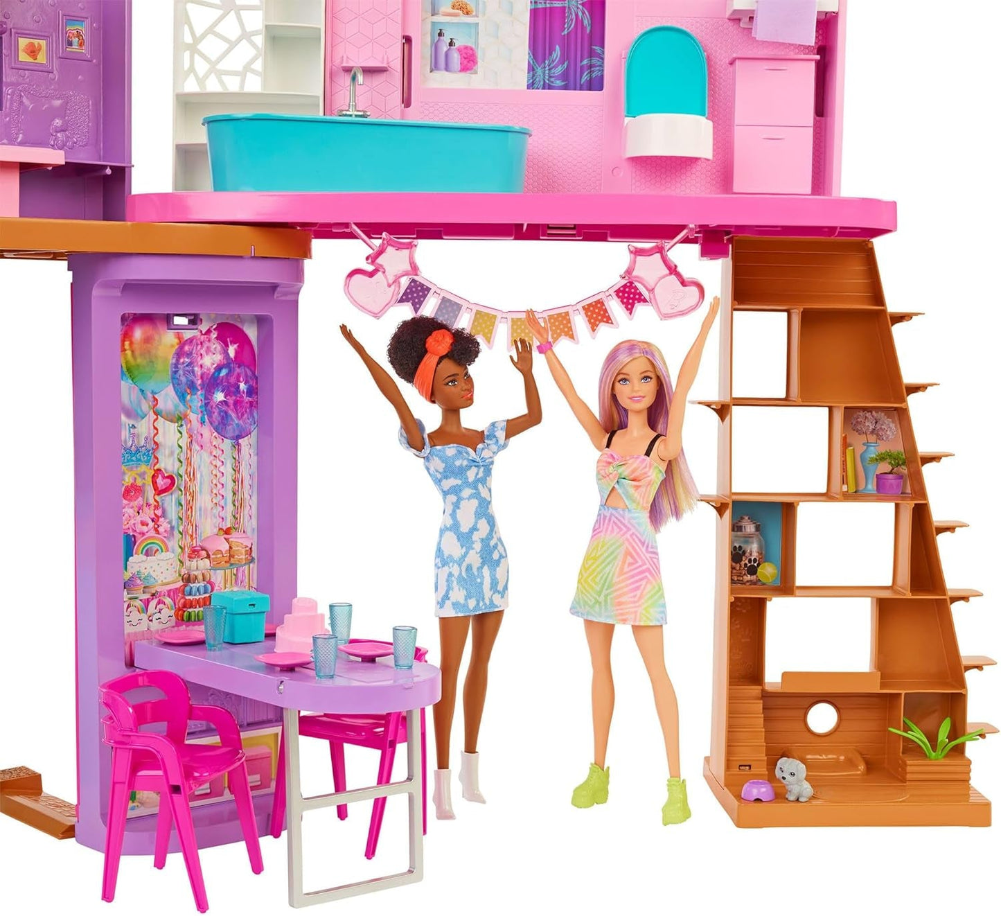 Barbie Holiday House (116 x 77,9 cm), Casa de juegos de 6 plazas, Totalmente amueblada con accesorios, muebles y ascensor, plegable y almacenamiento, muñeca, regalo para niños a partir de 3 años, HCD50