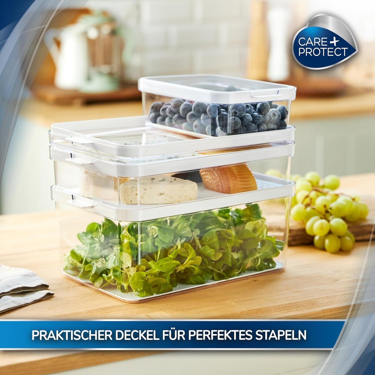 CARE + PROTECT Contenedor de alimentos inteligente, perfectamente apilable, organizador frigorífico, protege los alimentos de la humedad, mantiene los alimentos frescos por más tiempo, 2,15 l Cajas de conservación de alimentos Naty Shop