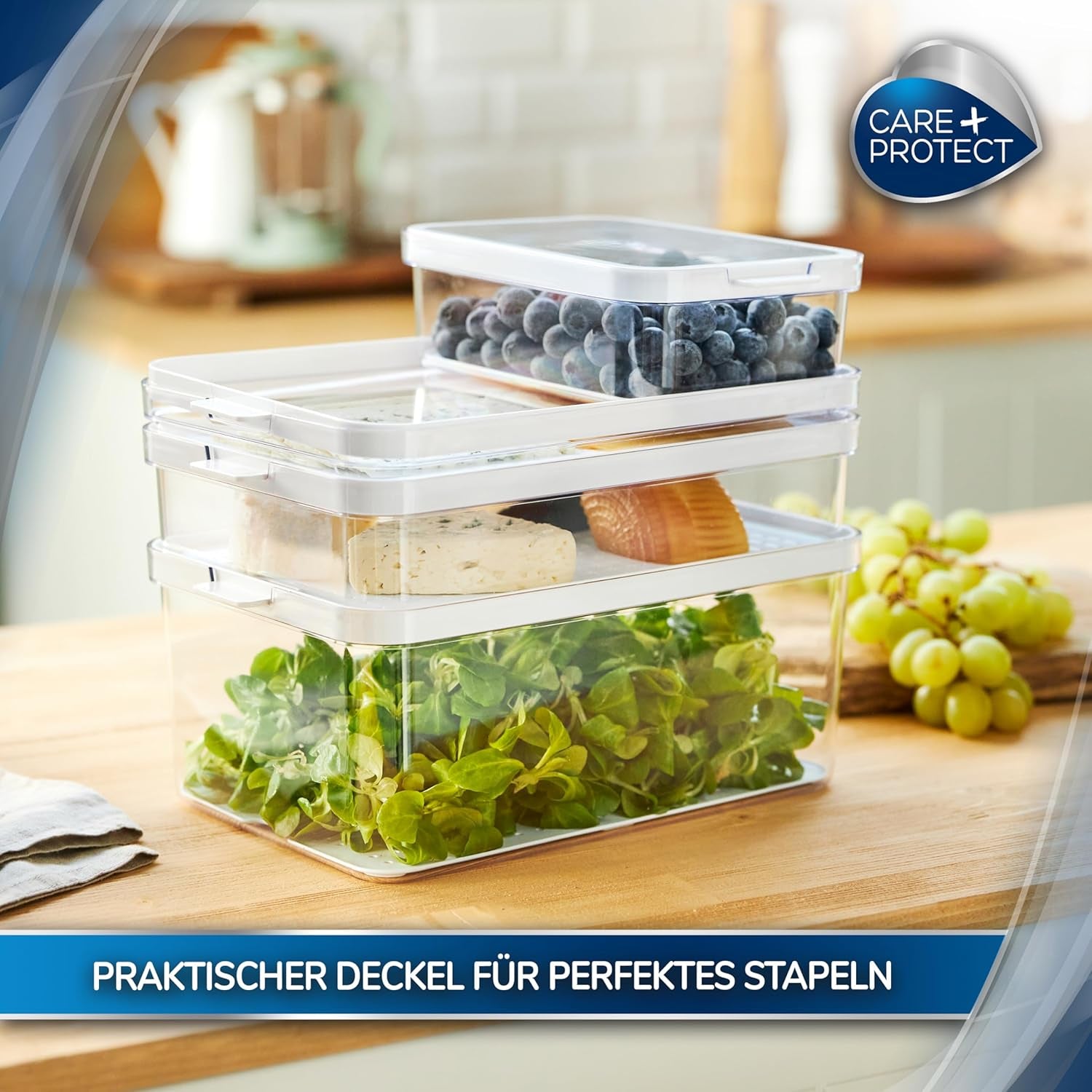 CARE + PROTECT Contenedor de alimentos inteligente, perfectamente apilable, organizador frigorífico, protege los alimentos de la humedad, mantiene los alimentos frescos por más tiempo, 2,15 l Cajas de conservación de alimentos Naty Shop