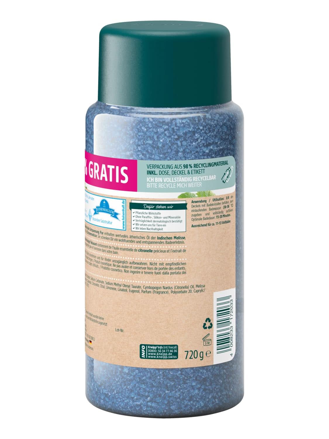 Kneipp Cristales de Baño Relajación Pura - Tamaño Especial - Con Sal Natural de Luisenhall Sal Profunda y Aceite Esencial de Melisa de la India y Extracto de Melisa Edición Limitada 720G Naty Shop Shower & Bath