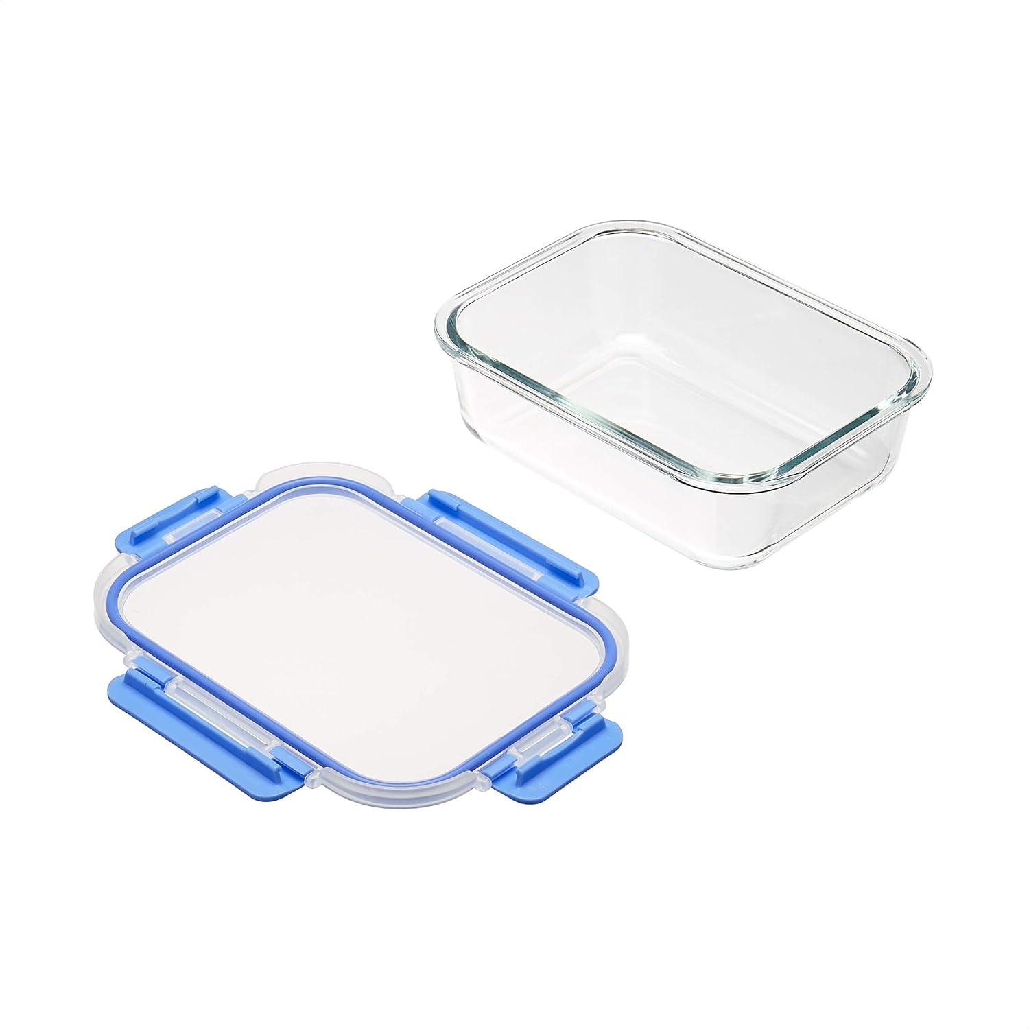 Amazon Basics Recipientes para Alimentos con Tapa Hermética de Vidrio, Juego de 14 Piezas, 7 Recipientes y 7 Tapas, Sin BPA, Transparente con Cinta de Silicona Azul Cajas para Conservar Alimentos Naty Shop