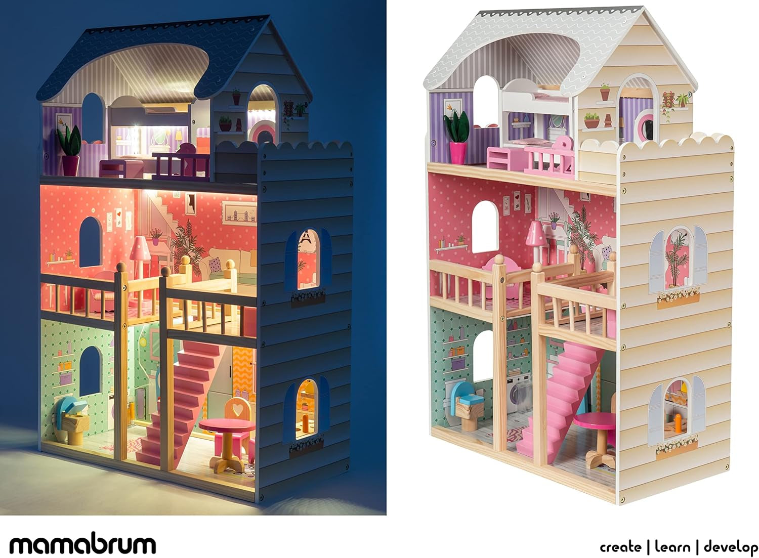 A405 Casa de Muñecas con Luz LED - Juego de 3 Pisos y Muebles - Casa de Juegos de Madera Incluye Accesorios: Cocina, Baño, Dormitorio - Regalo para Niñas de 3 años en adelante Casas de Muñecas Naty Shop