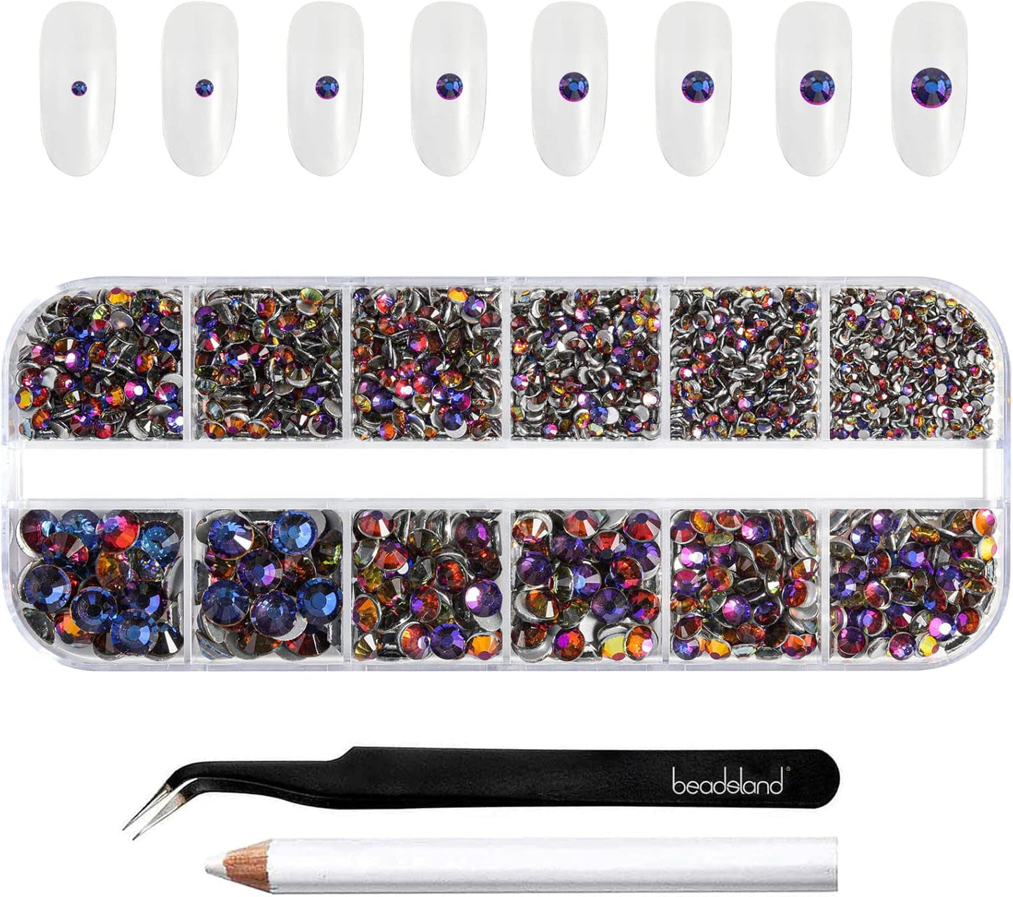 Beadsland 2500 piezas de piedras de cristal para decoración de uñas con parte trasera plana, piedras preciosas para trabajos manuales de 8 tamaños SS4 ~ SS30 con pinzas y puntas (Kristall Weiss)