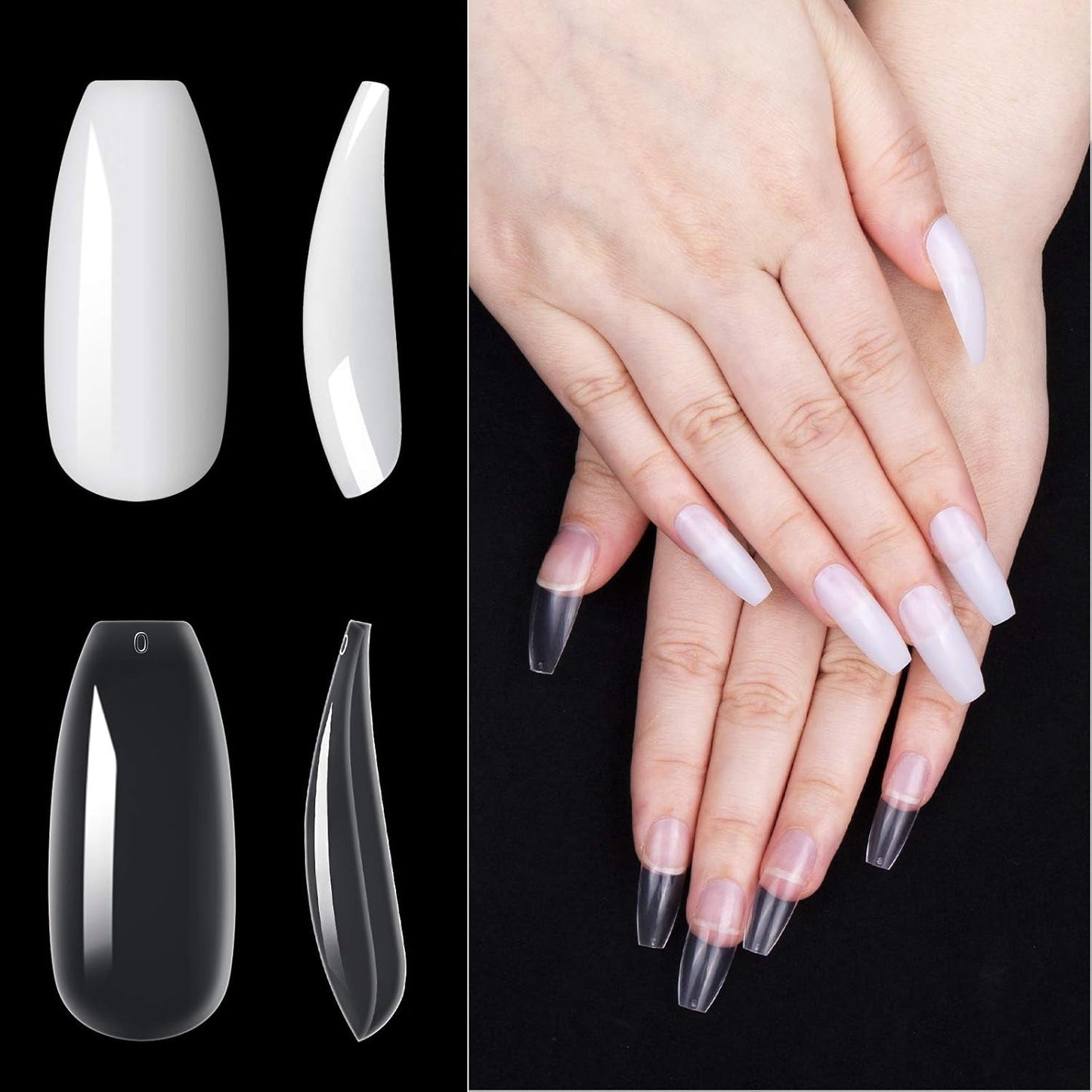 200 puntas de uñas postizas, 10 tamaños de uñas artificiales acrílicas con empujador de cutículas y caja transparente para mujeres y niñas (naturales y transparentes)