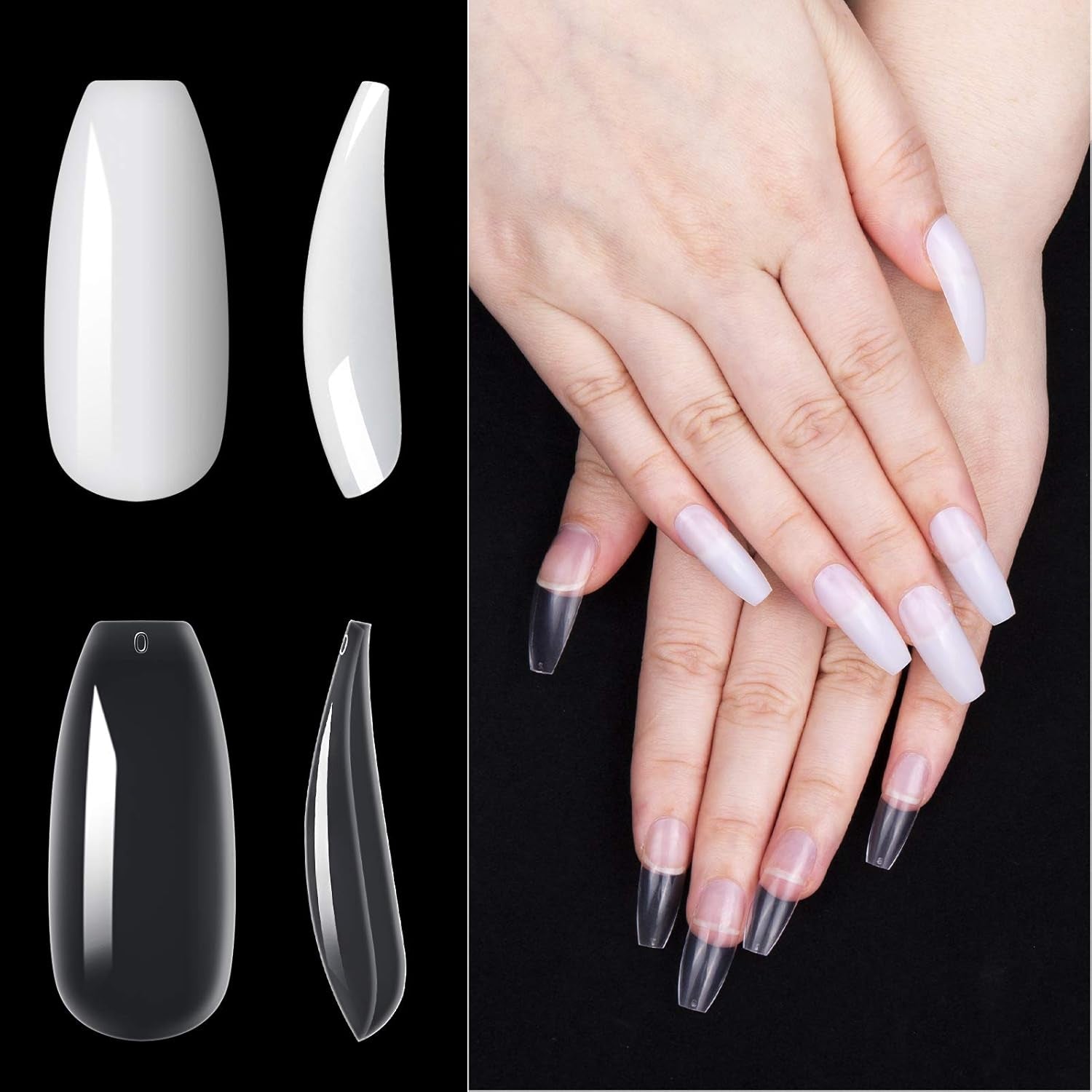 200 puntas de uñas postizas, 10 tamaños de uñas artificiales acrílicas con empujador de cutículas y caja transparente para mujeres y niñas (naturales y transparentes)