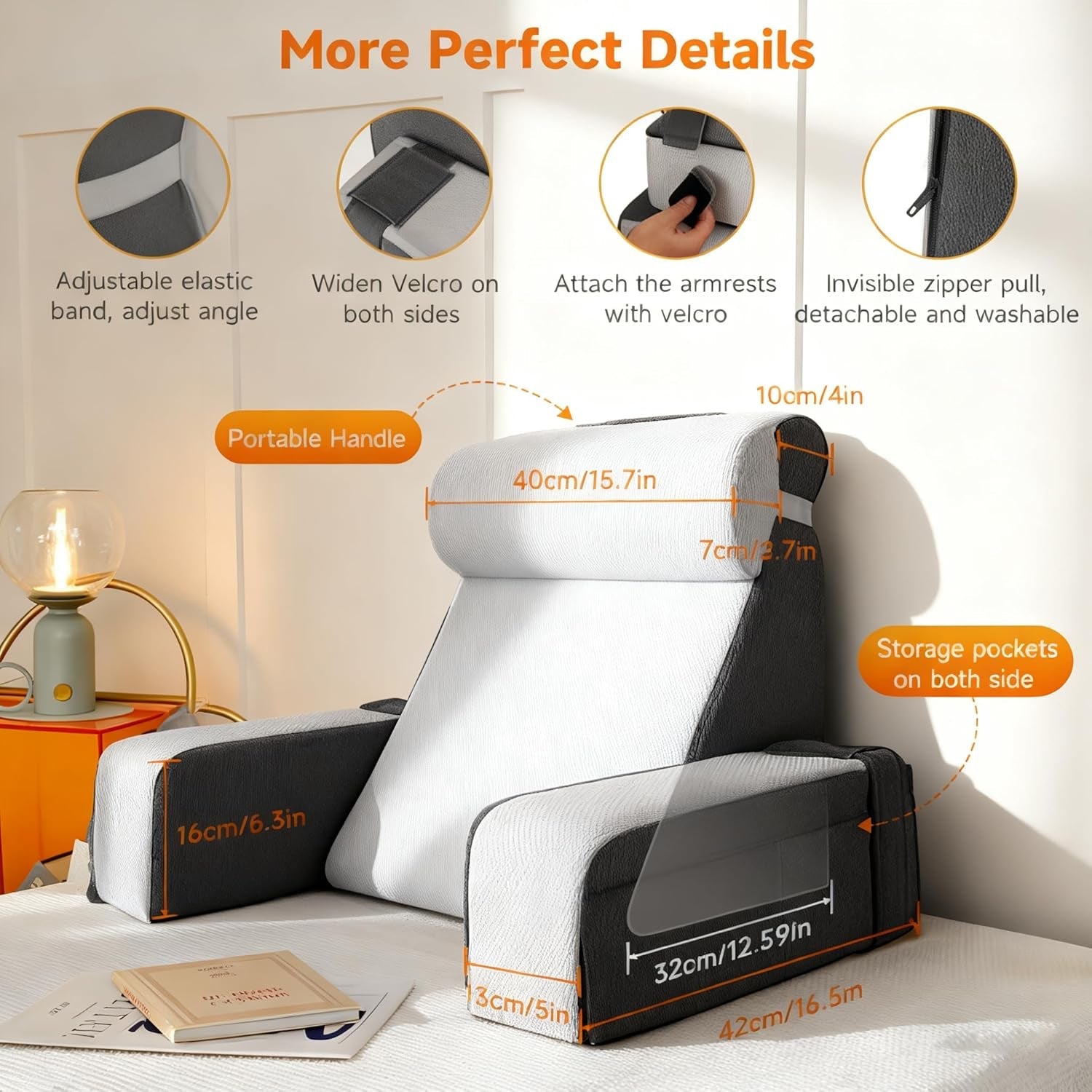 Almohada de lectura grande con soporte para el cuello y reposabrazos extraíbles, almohada de respaldo para cama, almohada de respaldo ergonómica con brazo, bolsillo y funda lavable para leer y ver televisión.