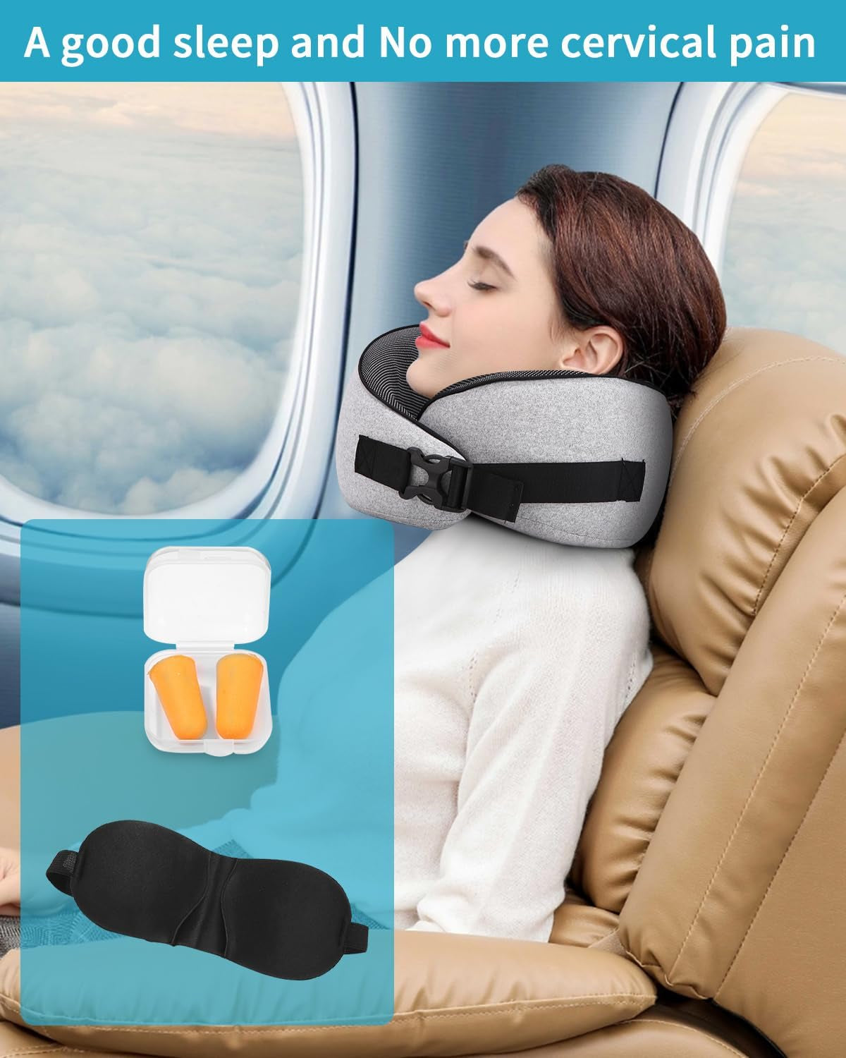 Almohada de cuello de avión, almohada de viaje de espuma viscoelástica, almohada de cuello para adultos, almohada de avión lavable ajustable, almohada de viaje ergonómica (gris) Almohadas ortopédicas cervicales Naty Shop
