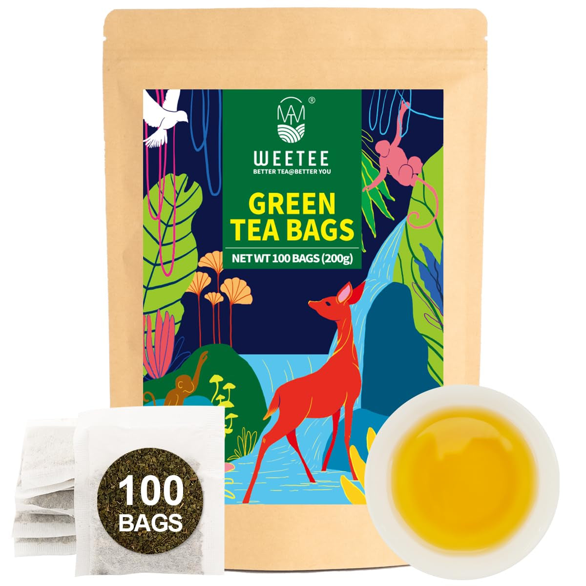 WEETEE Bolsitas de té verde, 100 piezas de bolsitas de té verde, té verde puro, súper antioxidante | Bolsitas resellables | Preparación fría o caliente