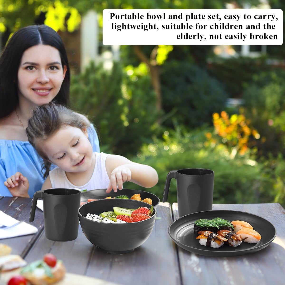 Berglander Juego de vajilla de plástico negro de 24 piezas para 6 platos y cuencos reutilizables, incluidos platos llanos, platos de postre, cuencos de cereales y tazas para el hogar, el jardín y el picnic