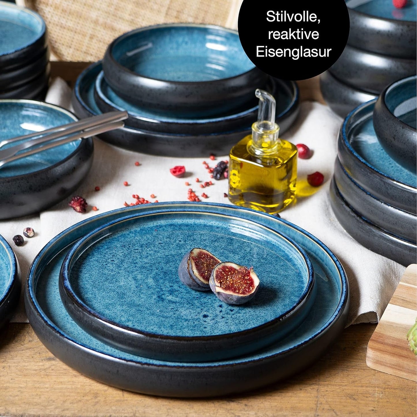 Moritz & Moritz SOLID Vajilla de gres para 6 personas, 18 piezas - Vajilla para 6 personas, compuesta por 6 platos llanos, 6 guarniciones y 6 platos llanos