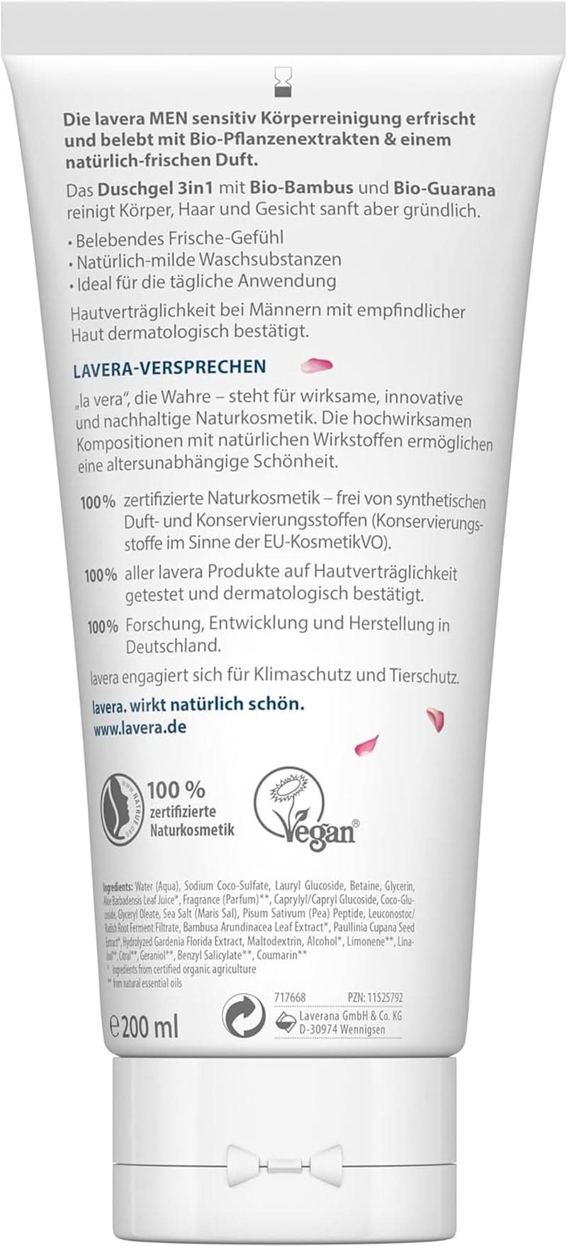 Lavera, Gel de ducha con bambú y guaraná ecológico, 3 en 1, para piel, cabello y rostro, 200 ml Ducha y baño Naty Shop