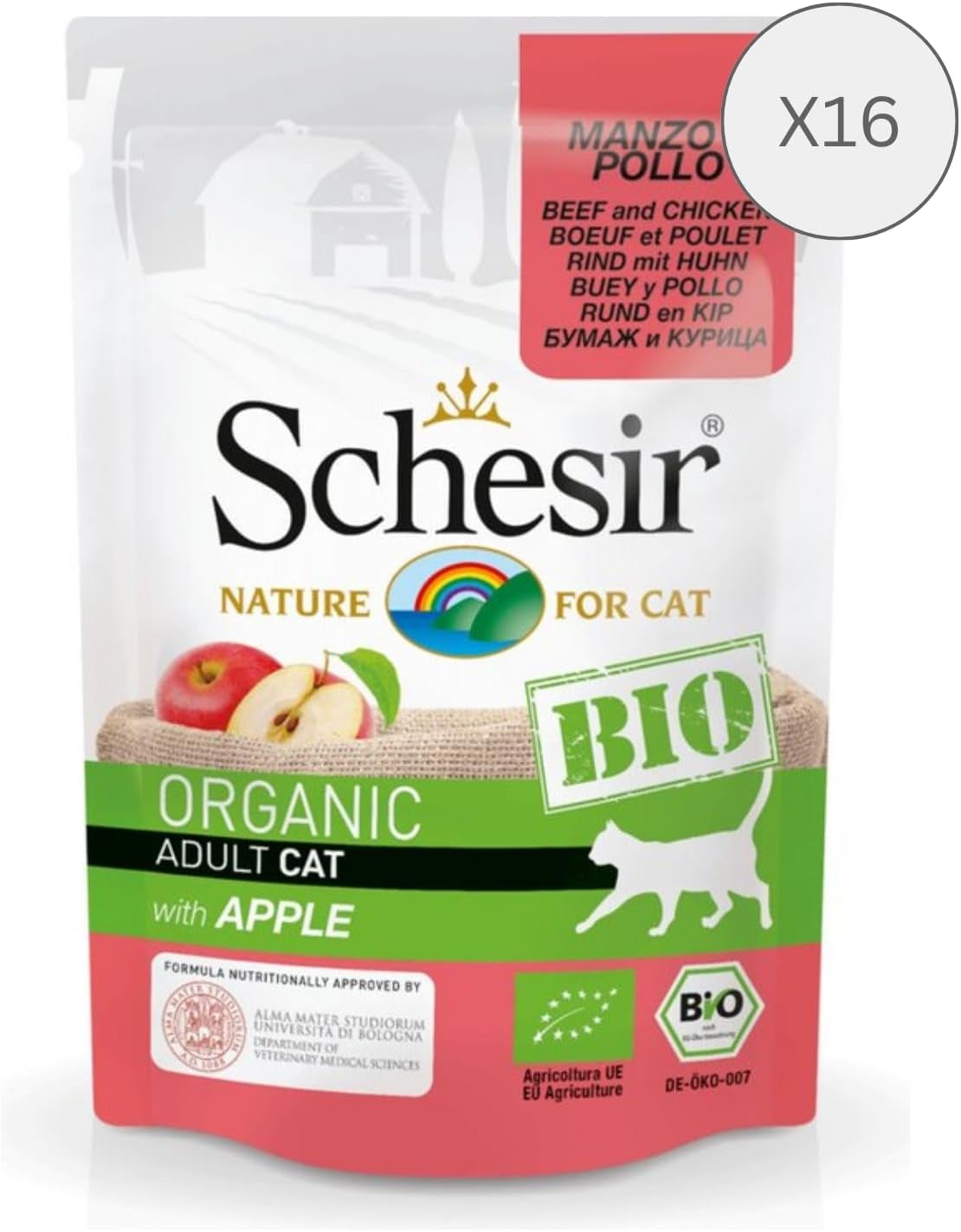 Cat Bio Adult Carne de Res y Pollo con Manzana, Comida Húmeda para Gatos, 16 Sobres x 85g
