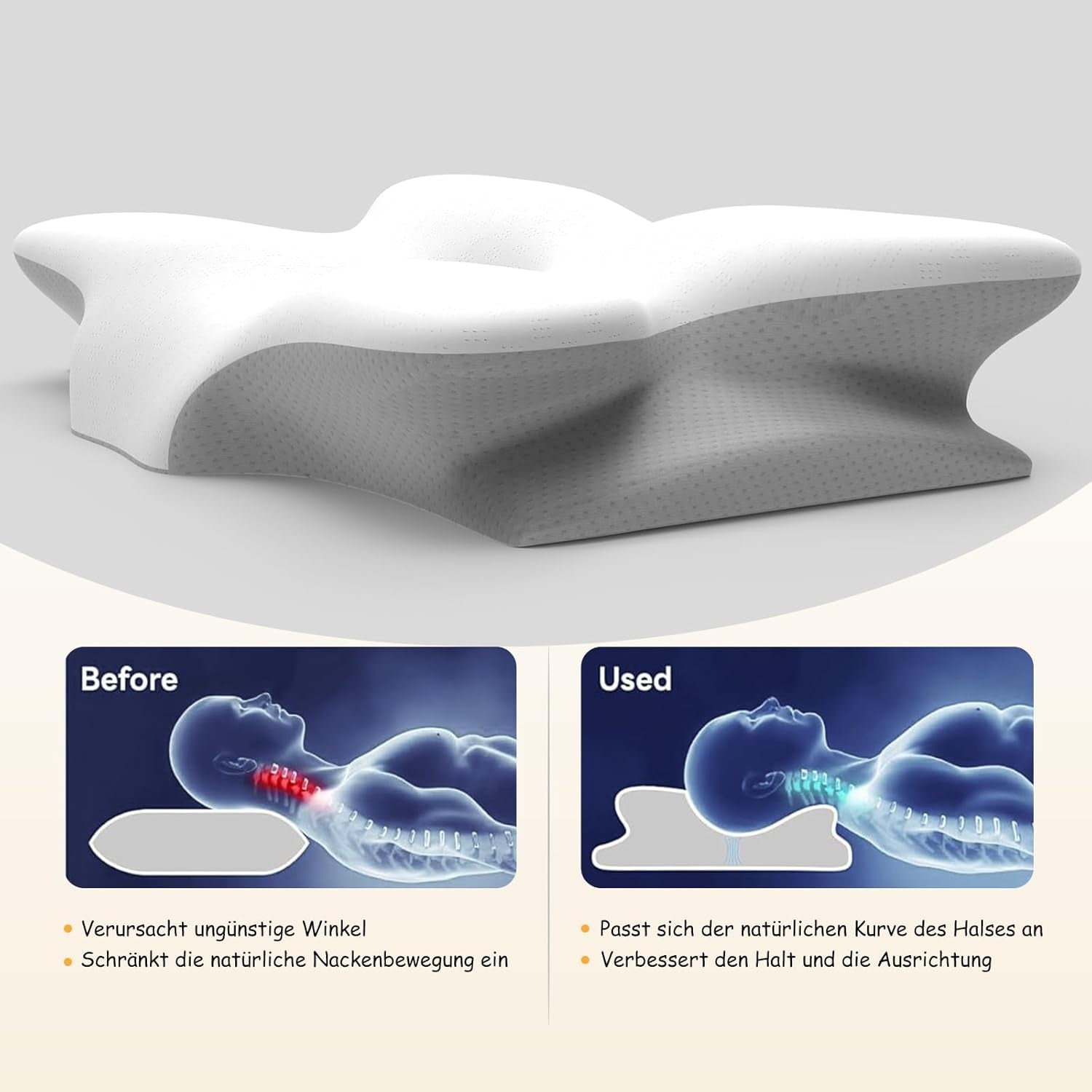 Almohada Cervical Ergonómica Memory Foam con Funda Extraíble Lavable para Dormir Ortopédicamente, Dolor de Cuello y Dolor Abdominal (55X35X13 Cm) Naty Shop Almohadas Ortopédicas Cervicales