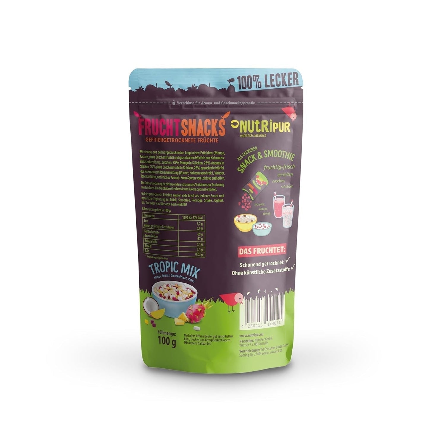 Mezcla de frutas liofilizadas “Tropic-Mix” 100g I Frutas del bosque y frutos secos I Mezcla de coco, pitahaya, mango y piña I NutriPur Productos deshidratados Naty Shop